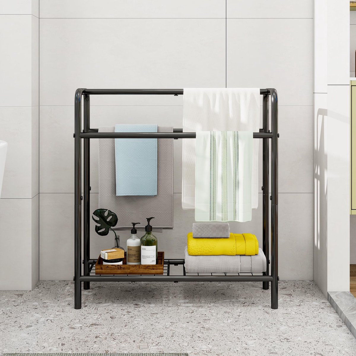 Omgoods - Vrijstaande Handdoekrek 3 Treden Zwart 70x27x76 cm