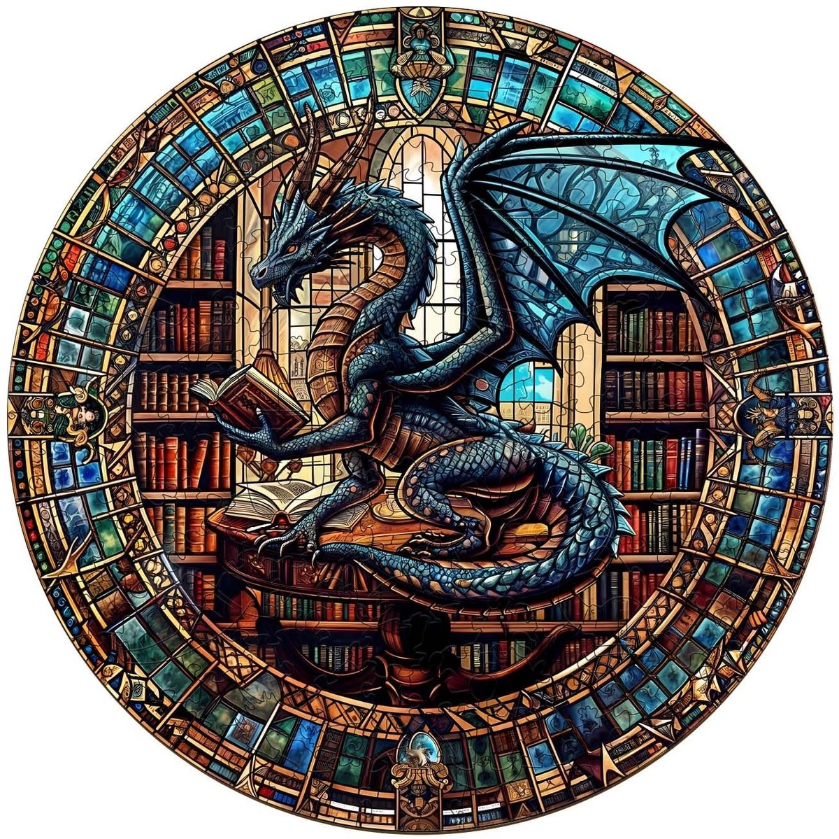 Omgoods - Houten Puzzel voor Volwassenen, 300 Stukken, Draak Bibliotheek