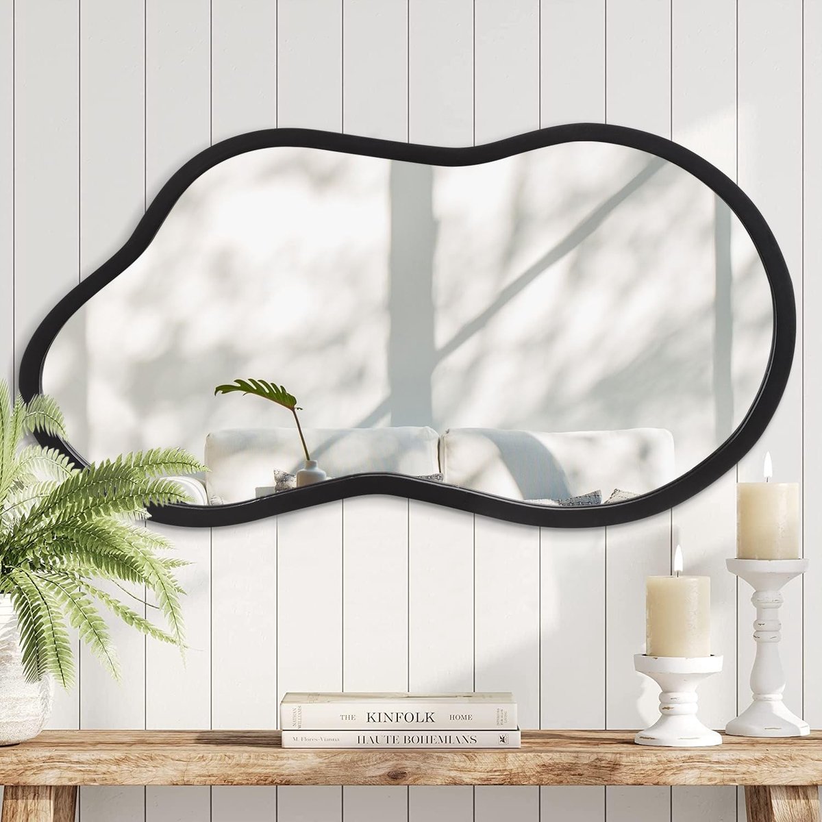 Omgoods- Wandspiegel Moderne Onregelmatige Vorm - Houten Omlijsting - Asymmetrische Wandspiegel - Voor Badkamer/Slaapkamer/Woonkamer - Zwart - Hangende Spiegel - Decoratieve Spiegel
