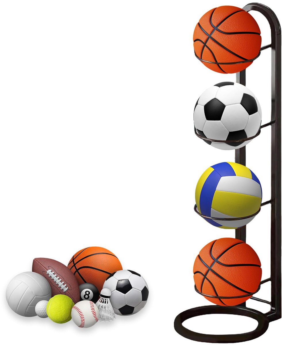 Omgoods- Balstandaard Stabiel - Ballenrek - Verticale Ballenopslag - Ballenopberger - Zwart - 4 Etages