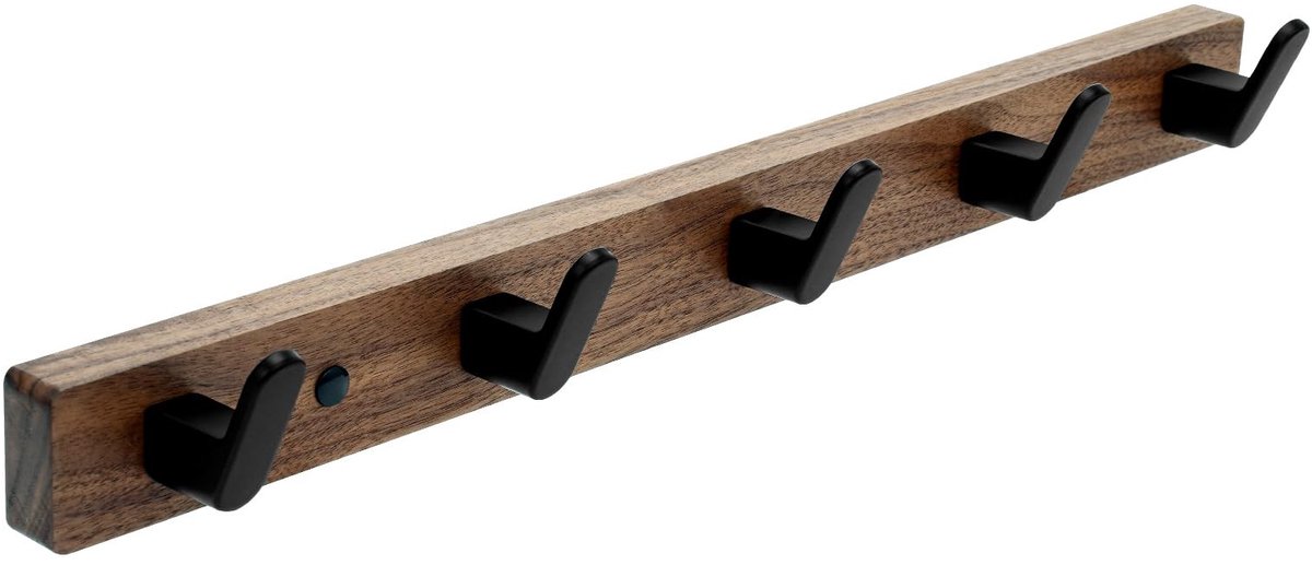 Omgoods - Wandhaak van Walnoot met 5 Aluminium Haken voor Kleding en Accessoires
