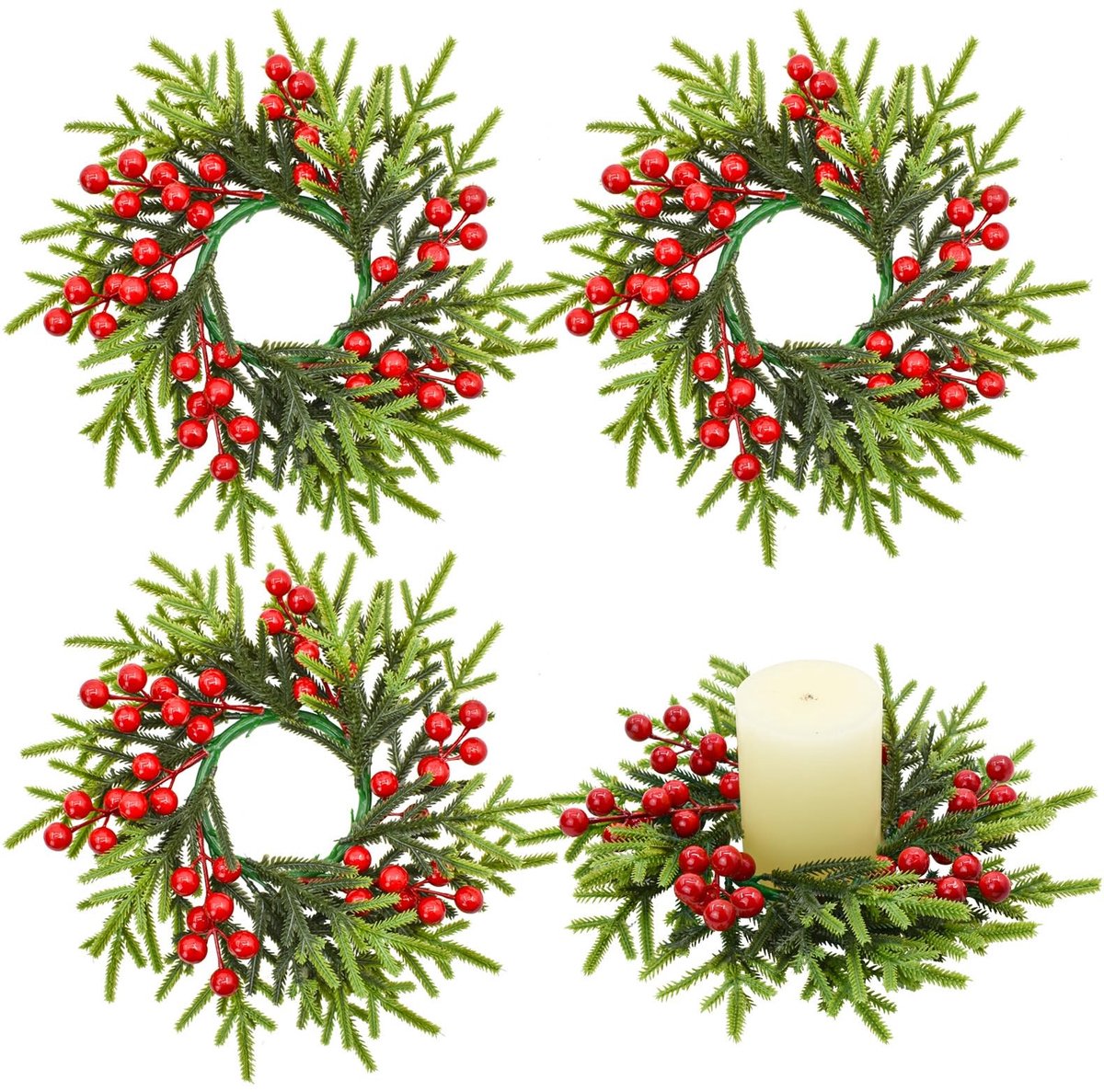 Omgoods - Kerst Kaars Ringen Krans Set - Decoraties met Rode Bessen en Pinecones