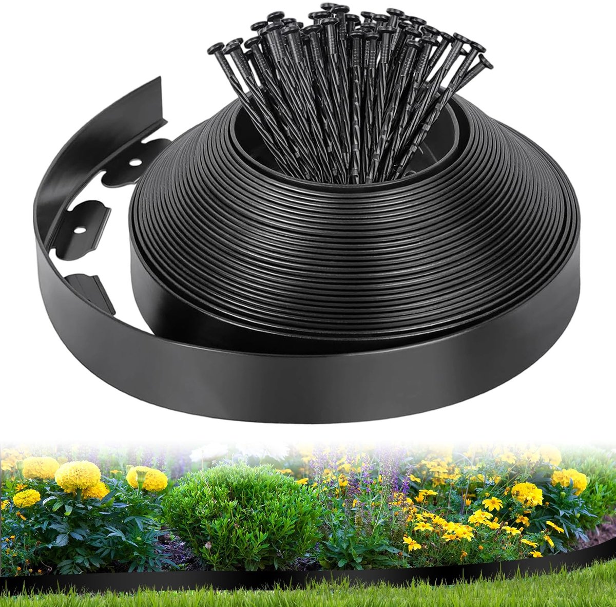 Omgoods - Flexibele Plastic Tuinrand met 50 Haringen, 10m x 5cm, Zwart