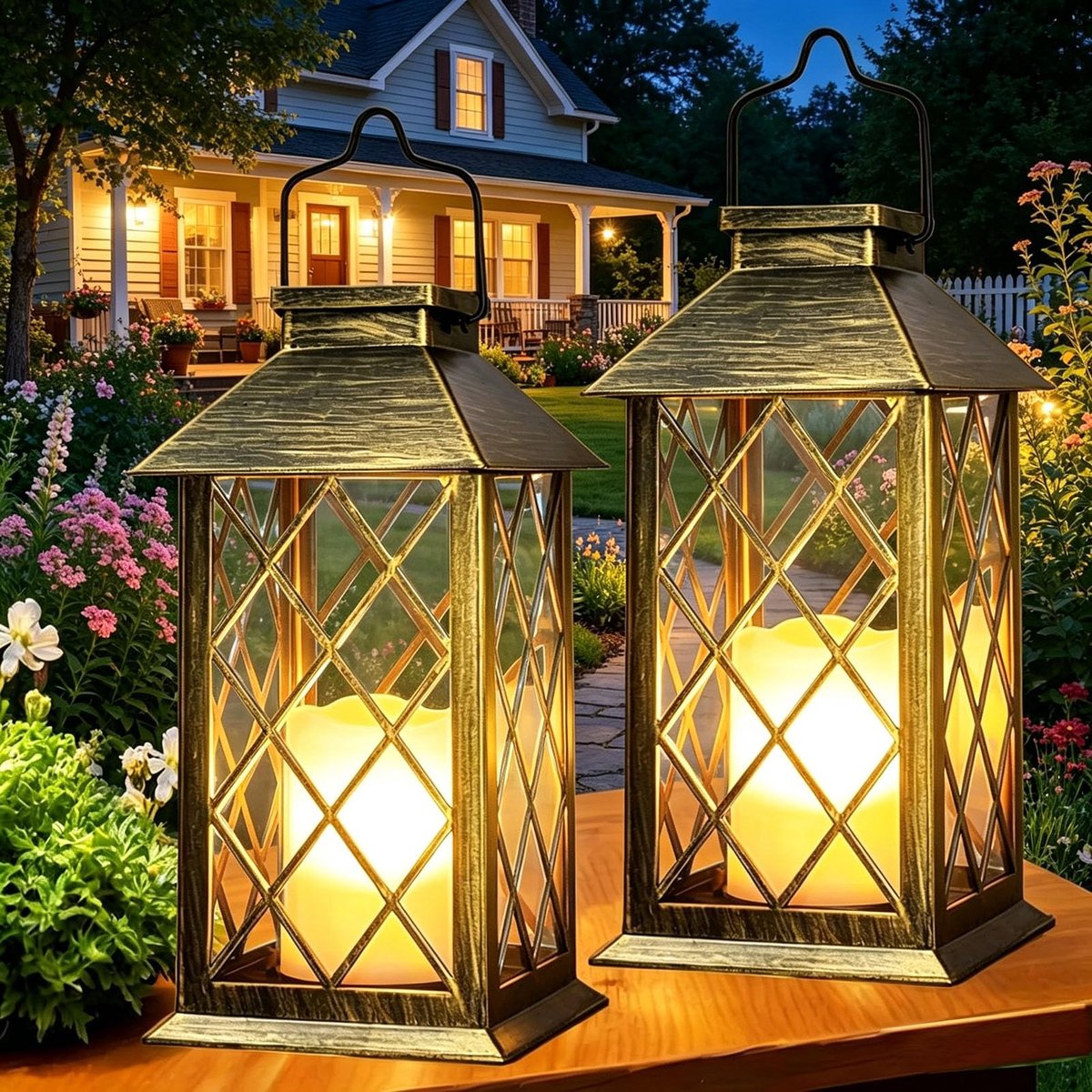 Zonnelantaarns voor buiten, set van 2 grote tuinlantaarns met flikkerende kaars, hangende tuingeschenken, waterdichte zonne-ornamenten voor buiten voor balkon, terras, vintage wanddecoraties