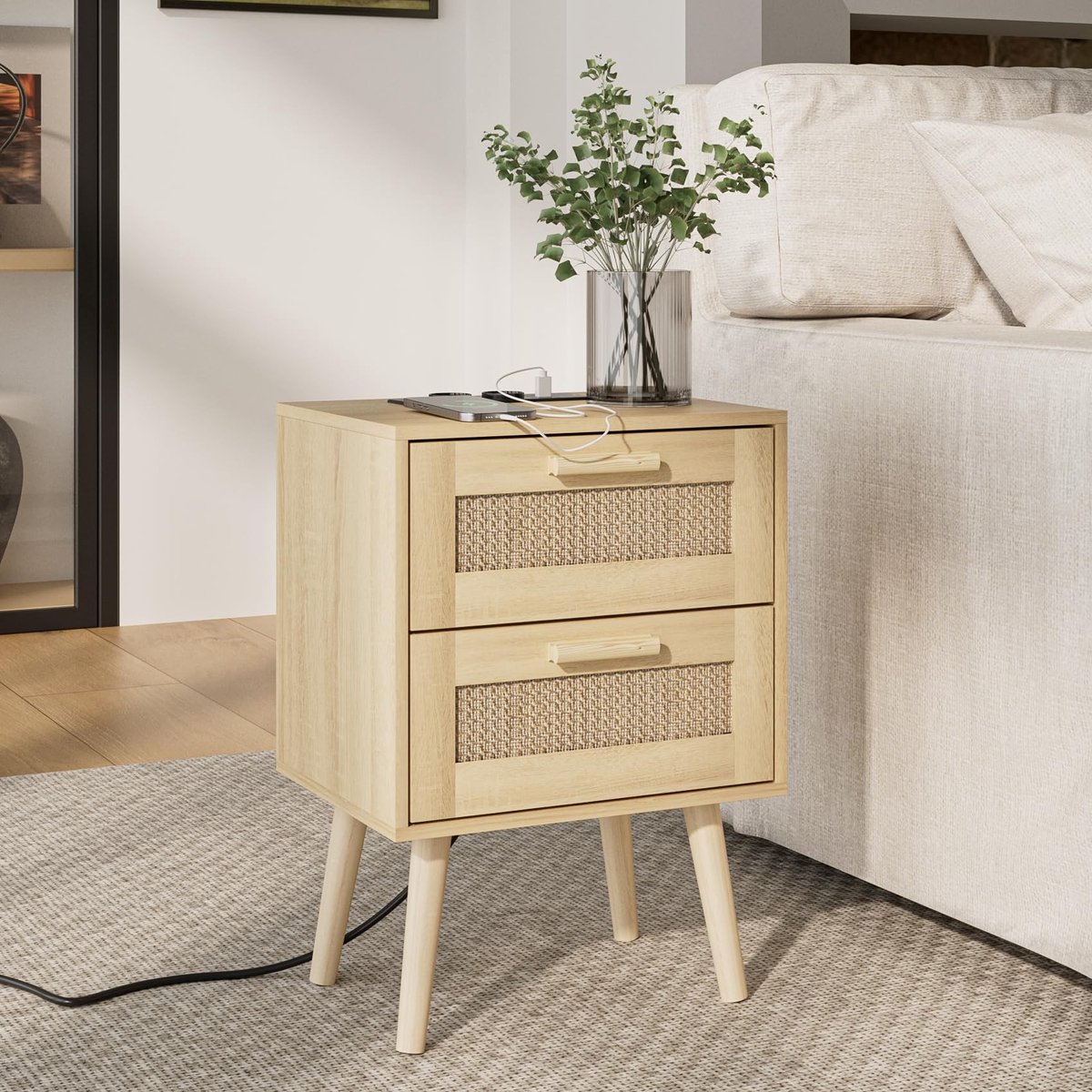 Omgoods - Rieten Bedside Table met 2 Lades voor Slaapkamer en Woonkamer