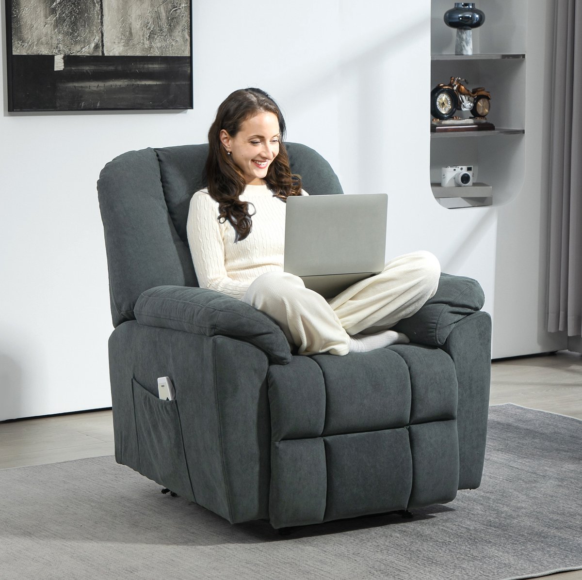 REDOM - Relaxfauteuil - Elektrisch verstelbaar - Rugleuning tot 135° met uitschuifbare voetensteun - Massage en warmte - Woonkamer - Polyester - Donkergrijs - 97 x 88 x 101 cm