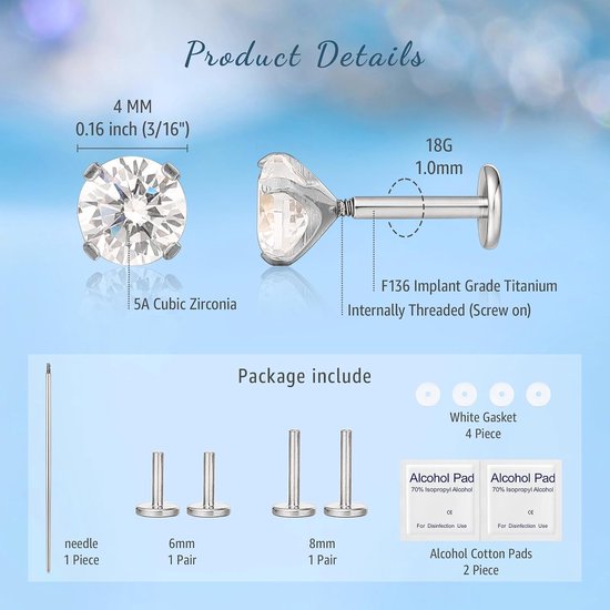limerencia 18G 2 Stuks Tragus Piercing, Medische Titanium Lippiercing Met 6 mm 8 mm Staafjes, Hypoallergene Helix Piercing Oor, Labret Stud Voor Navel Tong Wenkbrauw Lip Septum Neus — afbeelding 2