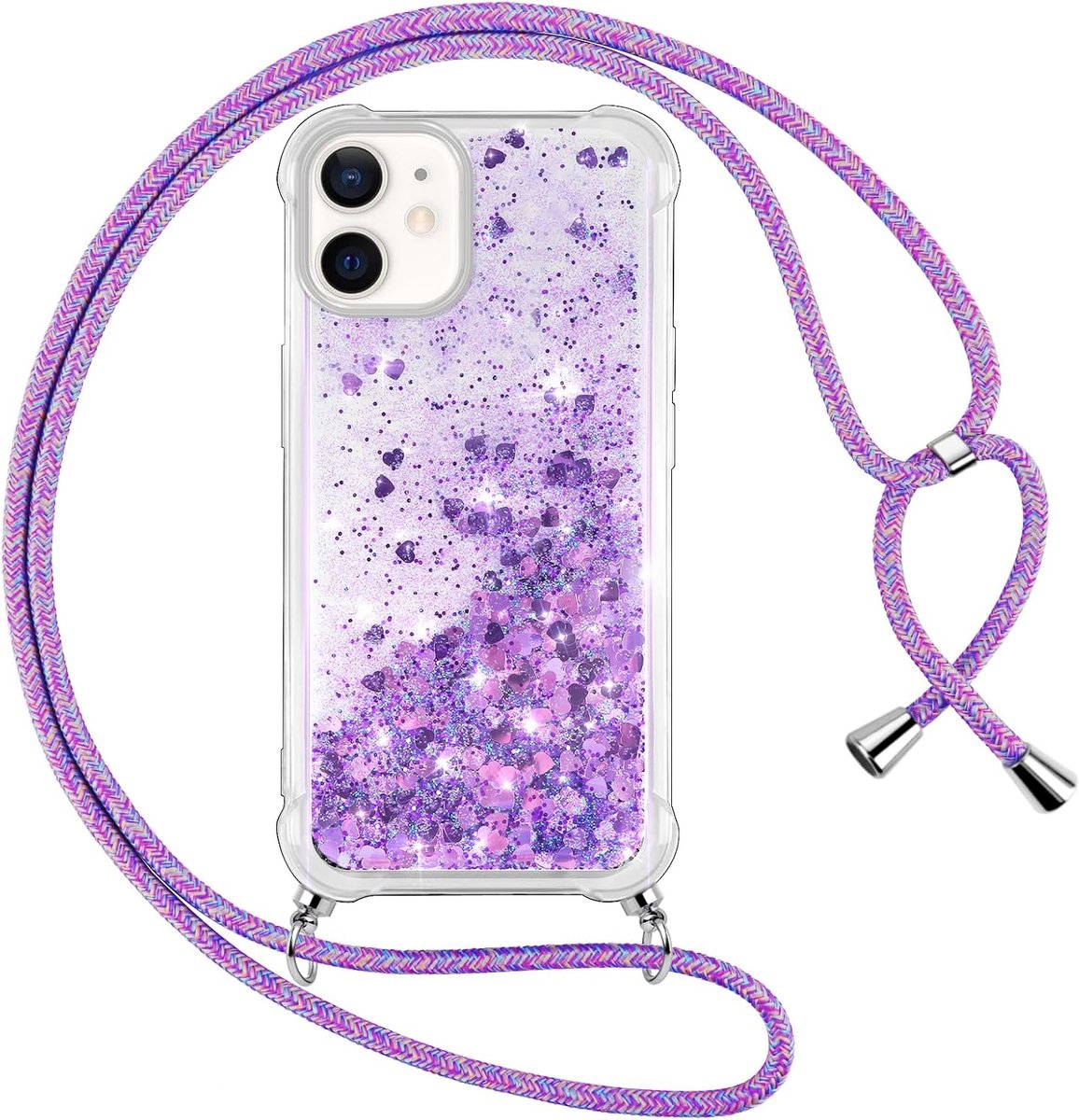 Mobiele telefoonband voor iPhone 12 Mini hoes met band, siliconen, doorzichtig, transparant, vloeibaar, glitter met ketting, drijfzand, halsketting, TPU-beschermhoes, case voor iPhone 12 Mini