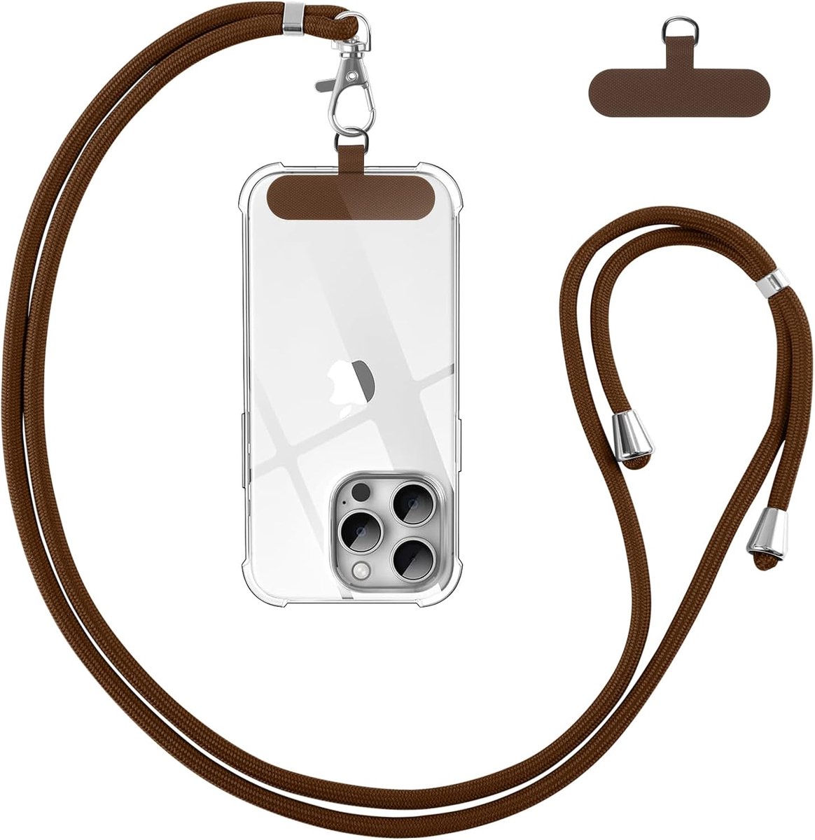 Telefoonkoord voor mobiele telefoon, universeel, met patch, verstelbaar, afneembaar, van nylon, compatibel met de meeste smartphones, bruin | Verstelbaar, afneembaar, van nylon, koord, schouderriem, compatibel met de meeste smartphones