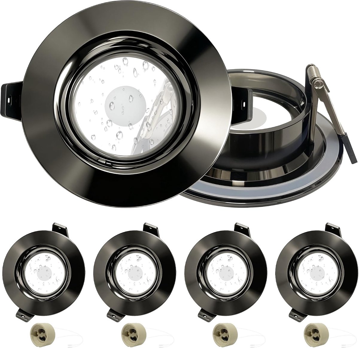 4 x Inbouwspots GU10 Set, IP65 Waterdicht Aluminium LED Inbouwframe met GU10 Fitting, Niet-Verblindend Inbouwspot Frame Gatmaat Ø65-75mm, Antracietgrijs Rond Plafondspot Frame voor Buiten