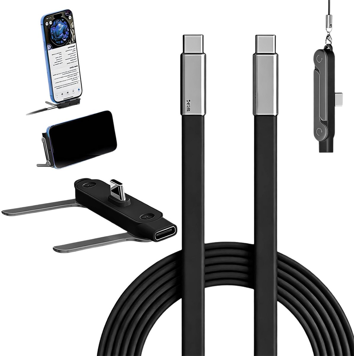 SnelShoppen - Oplaadkabel voor Mobiele Telefoon met Standaard, 240 Watt, Afneembare 2-in-1 USB C Oplaadkabel, Snellaadkabel voor Gaming, Datakabel met