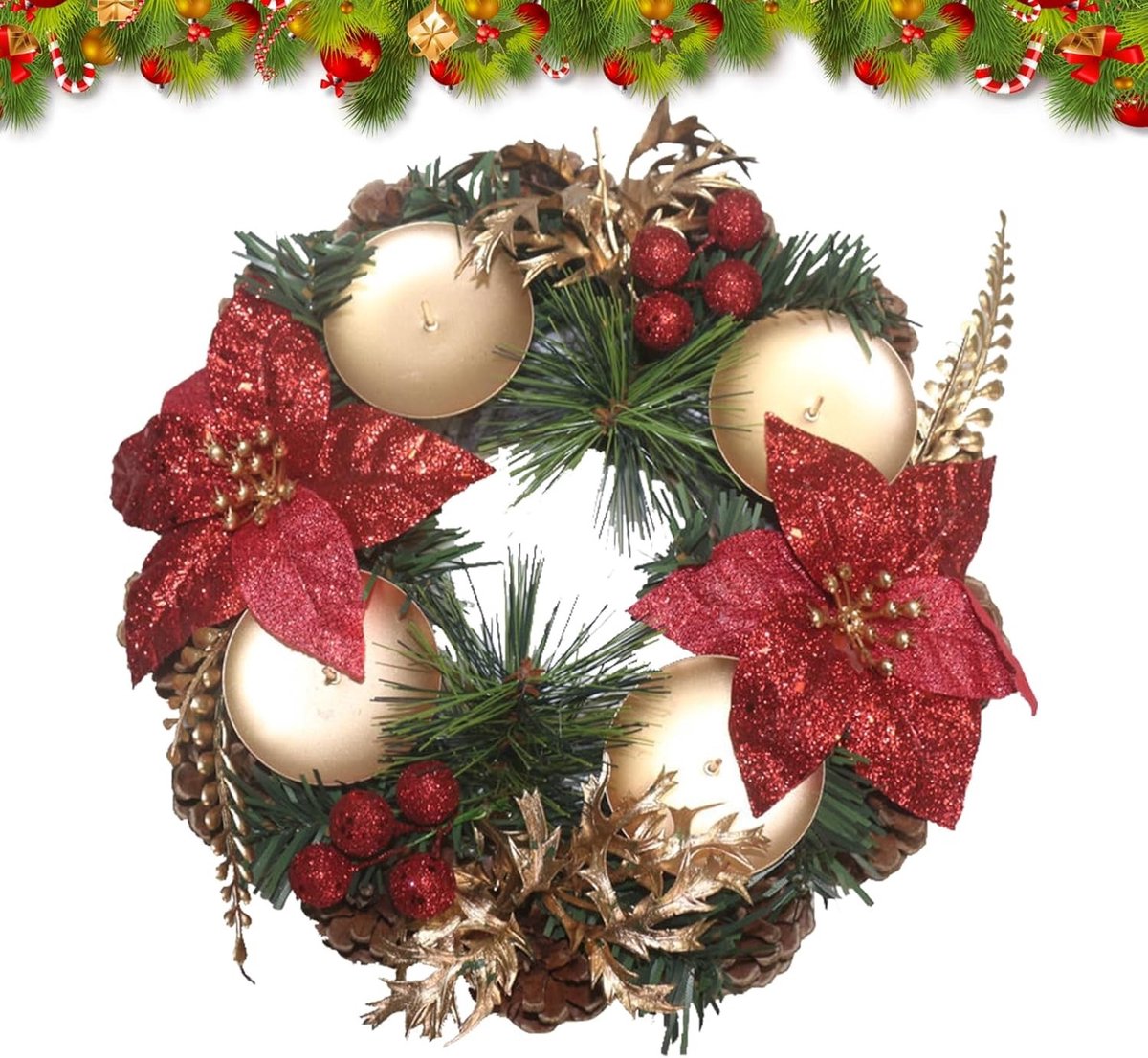 Handgemaakte Kersthanger voor Teelichtjes - Decoratieve Tafelaccessoire voor Binnen, Feestelijke Wreath en Kaarsenhouder (23x23x9cm)