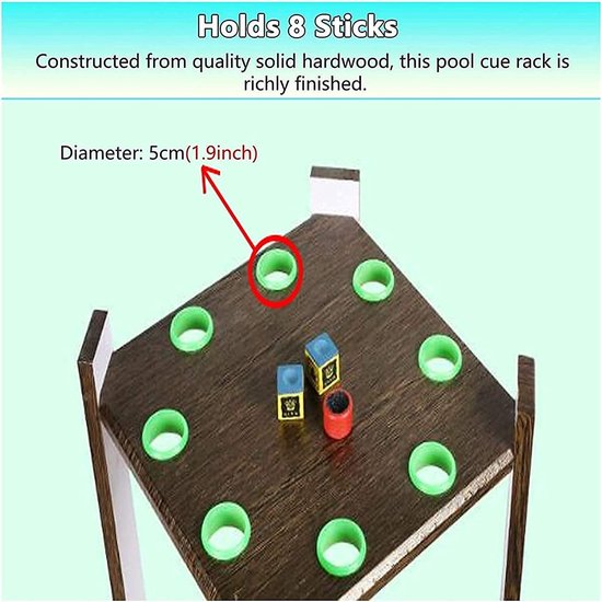 Biljart Keurek - Pool Stokhouder - Biljart Opbergen - Massief Houten Frame - 32x32x60 cm - Houtkleur — afbeelding 2