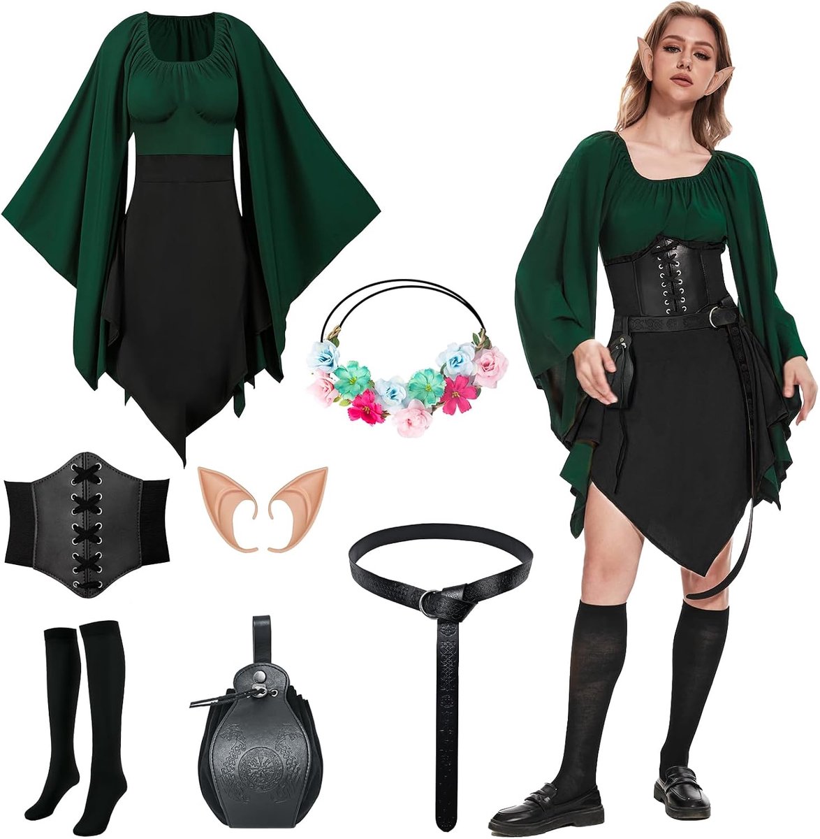 kleding voor dames, Ierse jurk, jurk, renaissance, elfen, cosplay kostuum, set 8 stuks met elfenoren, elfenhoofdringen, riem, vintage zakken, rokclips, overknee-sokken en leren