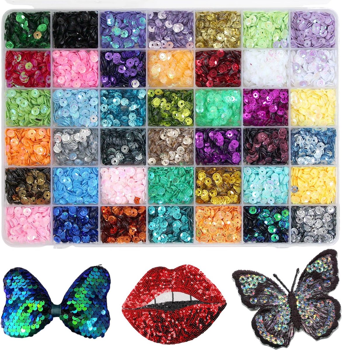 Pailletten, 42 kleuren, pailletten, knutselen, glitter, los handwerk, pailletten om op te naaien, met doos, kleurrijke pailletten om te naaien, opplakken, rijgen voor doe-het-zelf