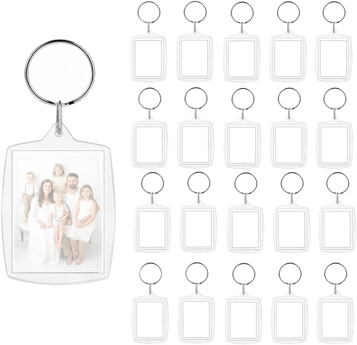 Basicon Sleutelhangers voor foto's, 20 stuks, acryl foto's met sleutelring, transparante afbeelding, fotosleutelhanger, leeg om te knutselen, cadeau, familie, vrienden, 5,5 x 4 cm