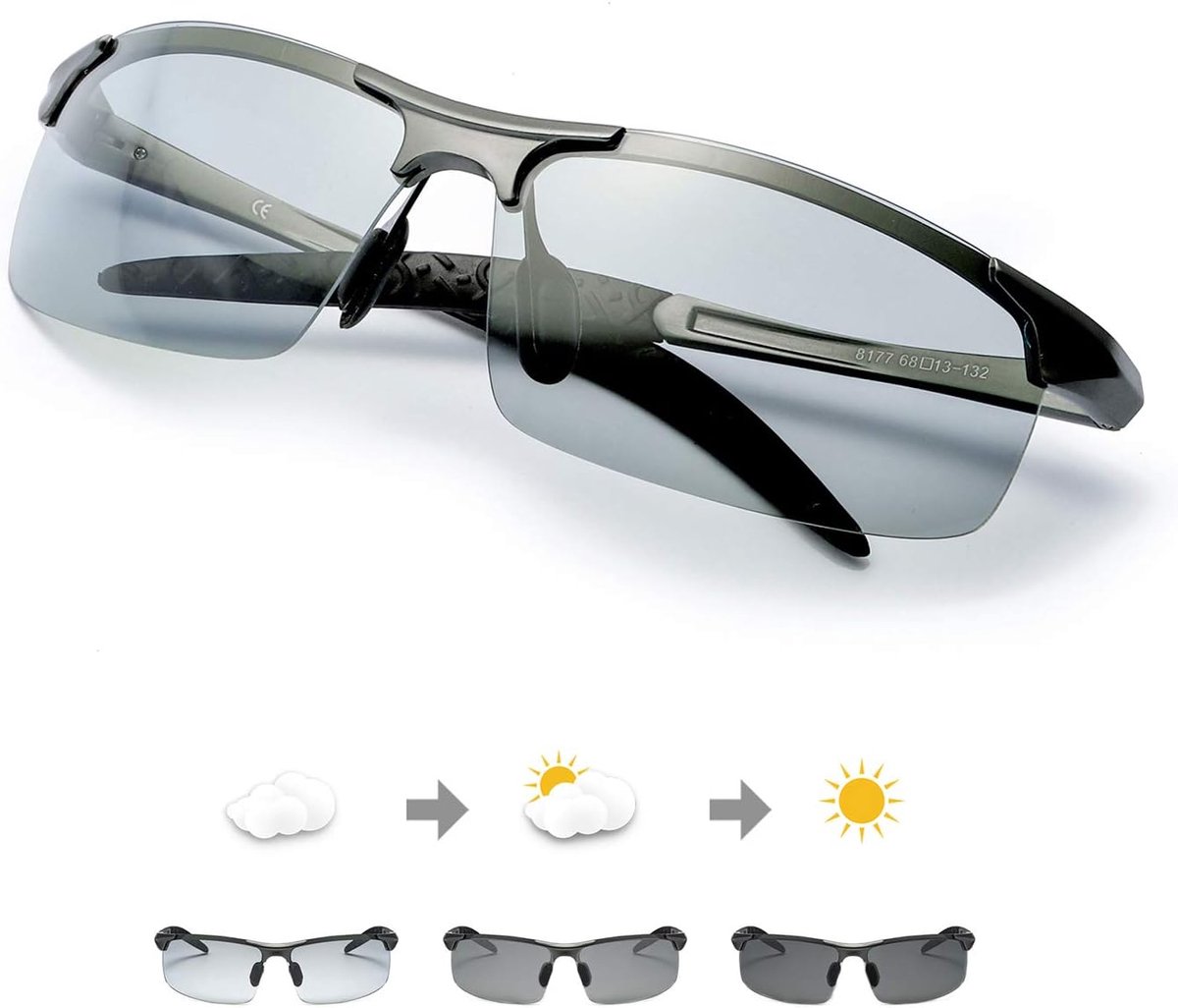 Gepolariseerde Zonnebril Heren Fotochromatisch Sports voor 100% UVA UVB Bescherming Metalen Frame