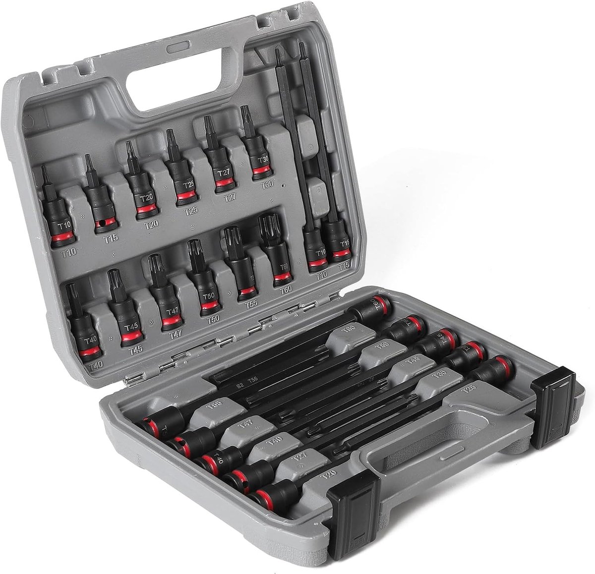 24 stuks Torx dopsleutelset 3/8 inch, aandrijving slag-torx-moerset S2-staal, bitdoppen T10-T60 48 mm 150 mm lang, bit-inzetset met doos