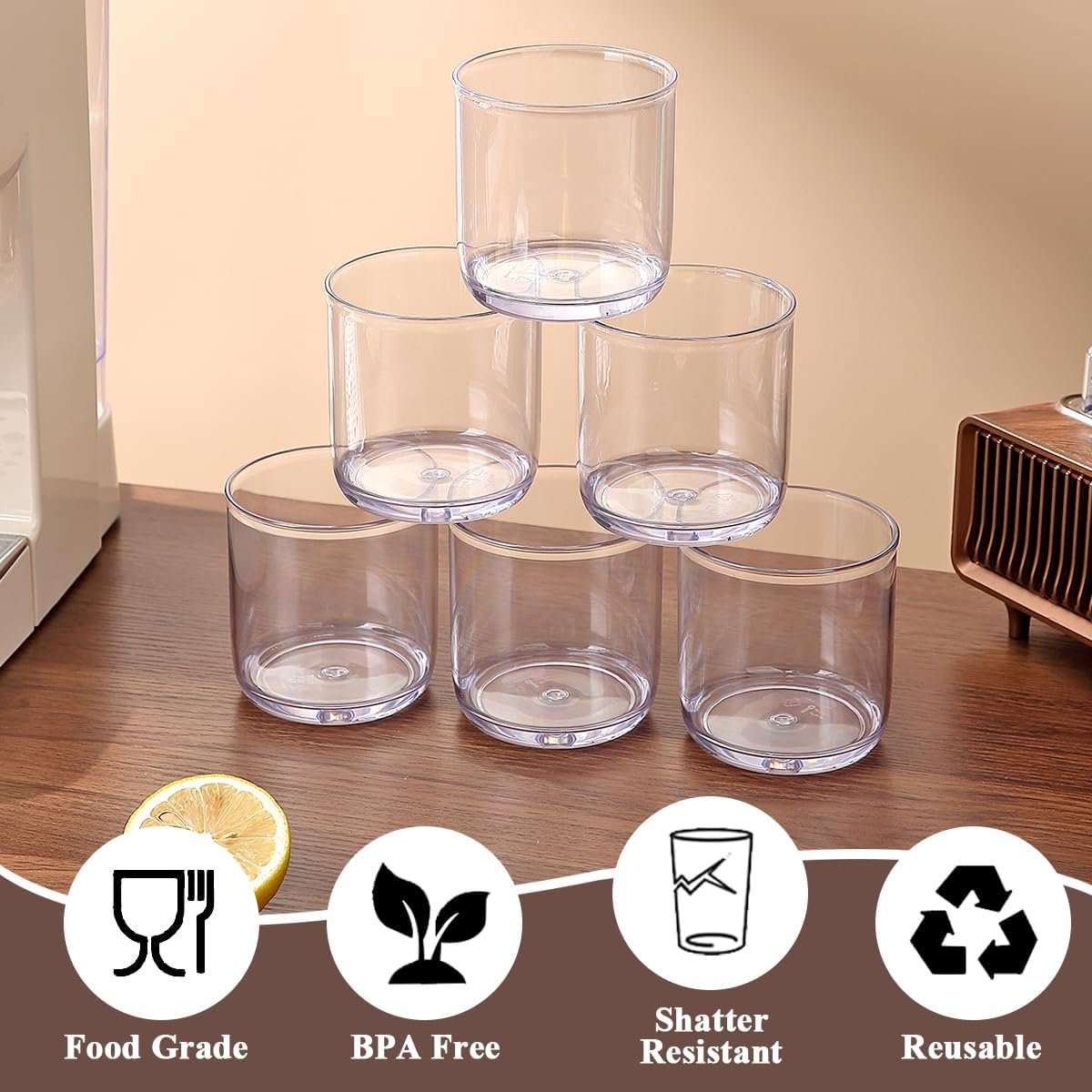 Old Fashioned Whiskeyglazen Set van 6, Transparant PET Plastic 340ml Sterk en Onbreekbaar, Glazen voor Water, Bier, Sap, Koud Melk, Scotch, Wodka, Bourbon, Cocktail.