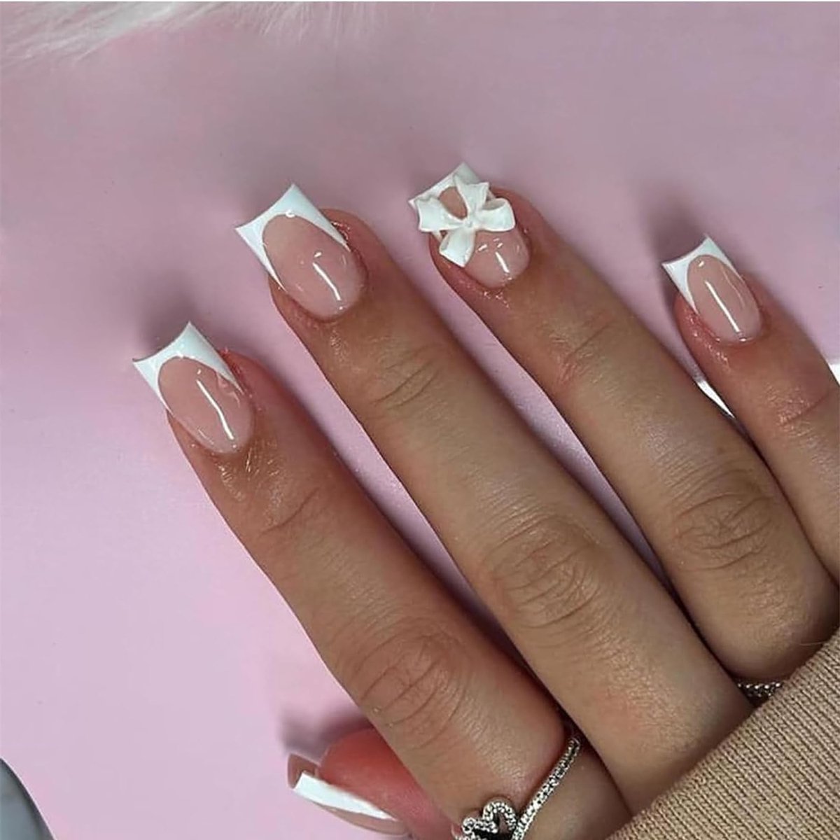 Nagels Kort, Vierkant Nude Roze Wit Frans 3D Strik Vlinderdas Bow Tie Nepnagels met Nagellijm, White Tip Acryl Kunstmatige Vingernagels