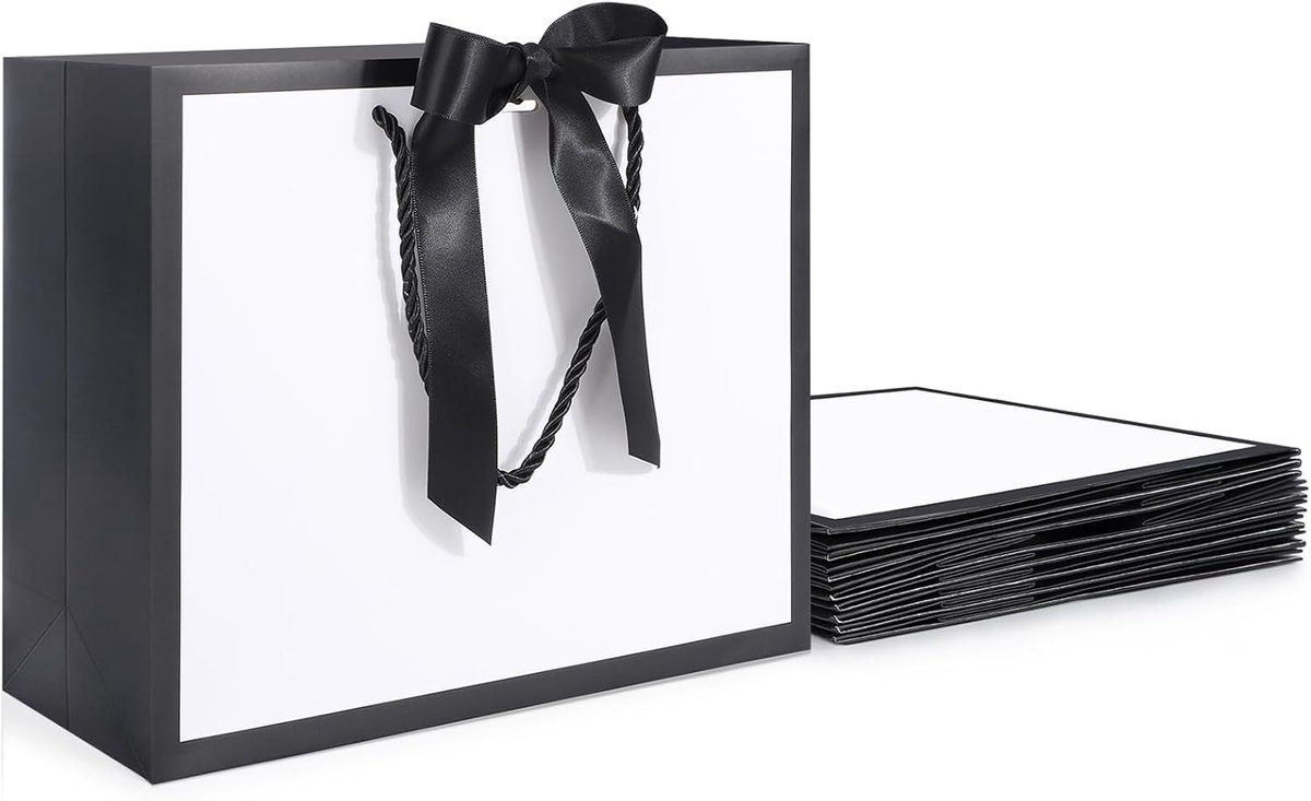 Grote Papieren Tassen - 10 Stuks Cadeautassen Wit-zwart - 230GSM Papieren Tassen met Handvat - 32x11.5x28cm L Gift Bags Cadeauzakjes - Cadeautas met Lint Trouwfeest Party