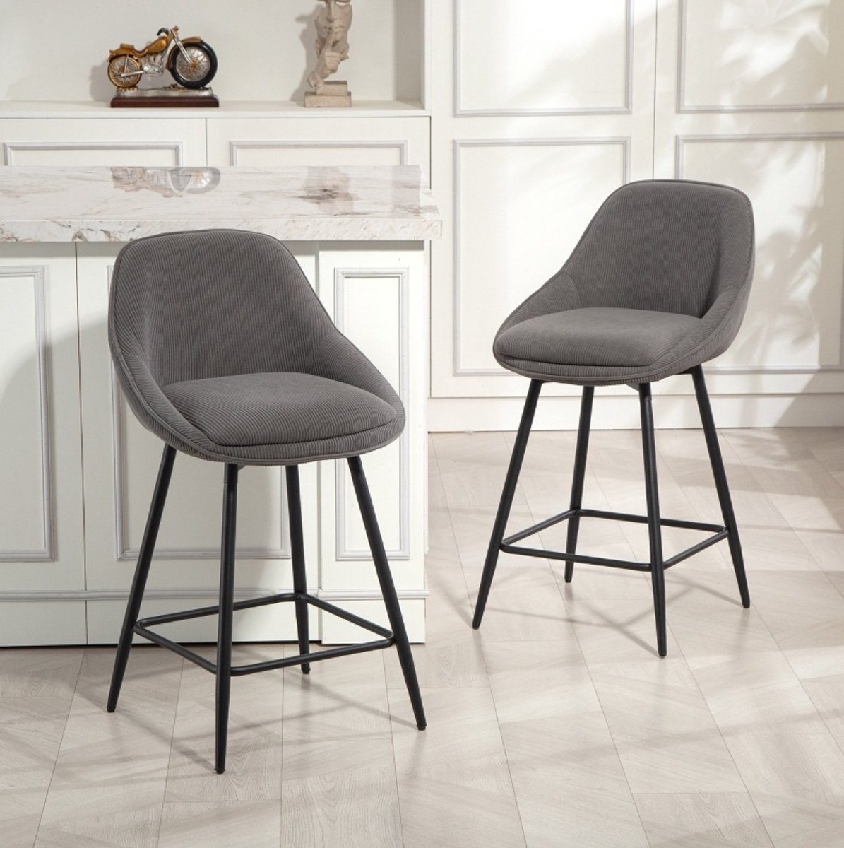 COVREO Barkruk set van 2 88 x 52 x 49 cm grijs ribstof, draaibaar
