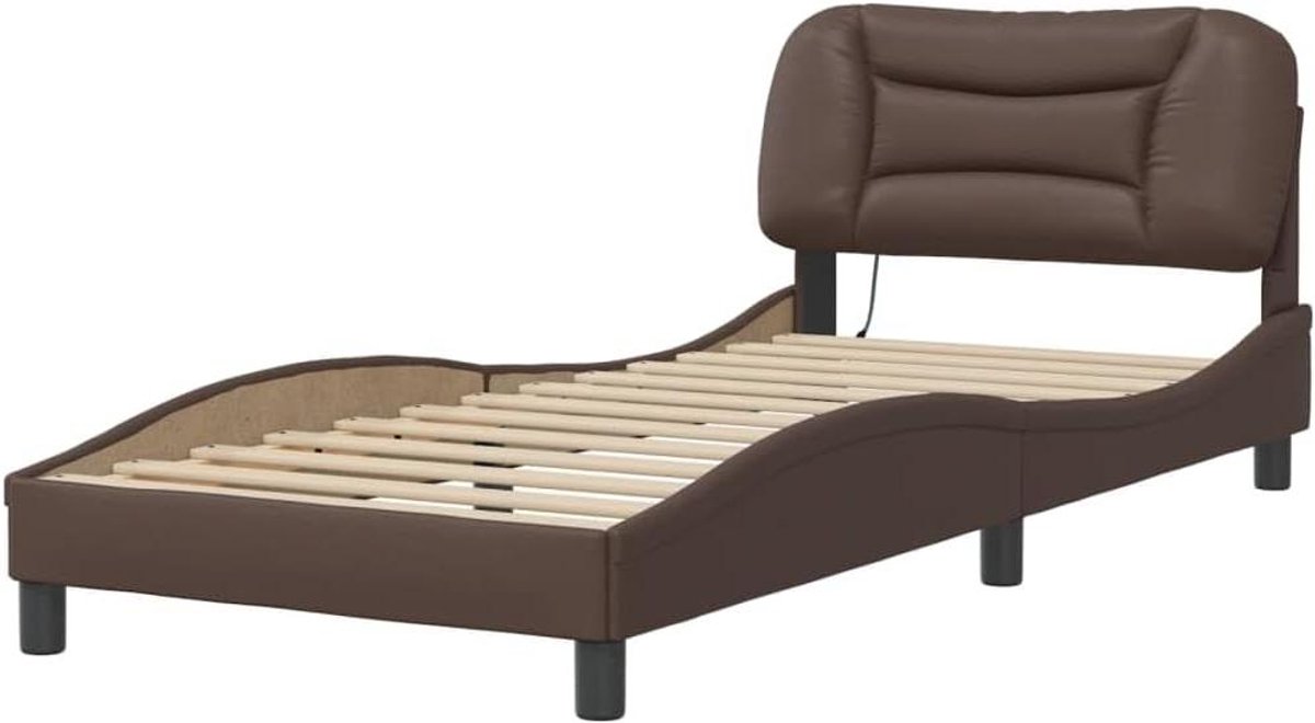 Bedframe met LED - Eenpersoonsbed Omouw - Slaapkamer Inrichten - Kunstleren Afwerking - 90x190 cm - Bruin