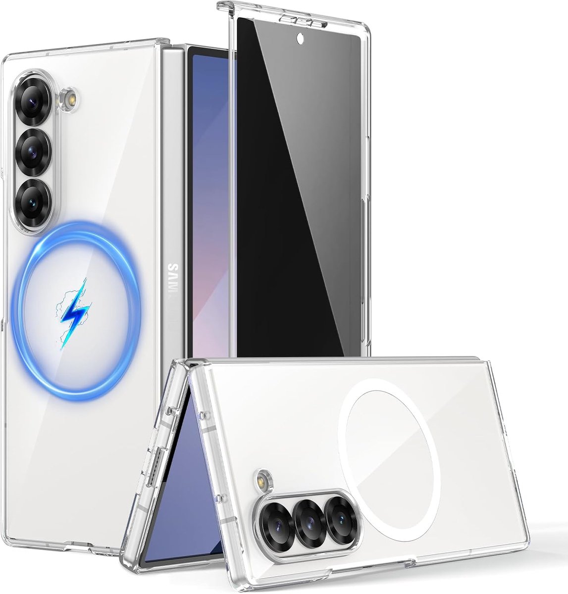 Beschermhoes voor Samsung Galaxy Z Fold 6, compatibel met MagSafe, ultradun, met geïntegreerde displaybescherming, schokbestendig, mat, voor Z Fold 6, transparant (anti-spion)