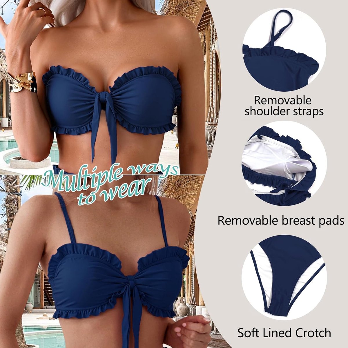 Bikiniset voor dames, met verstelbare bandjes, V-hals, volants, vlinderknopen, badmode, tweedelig badpak