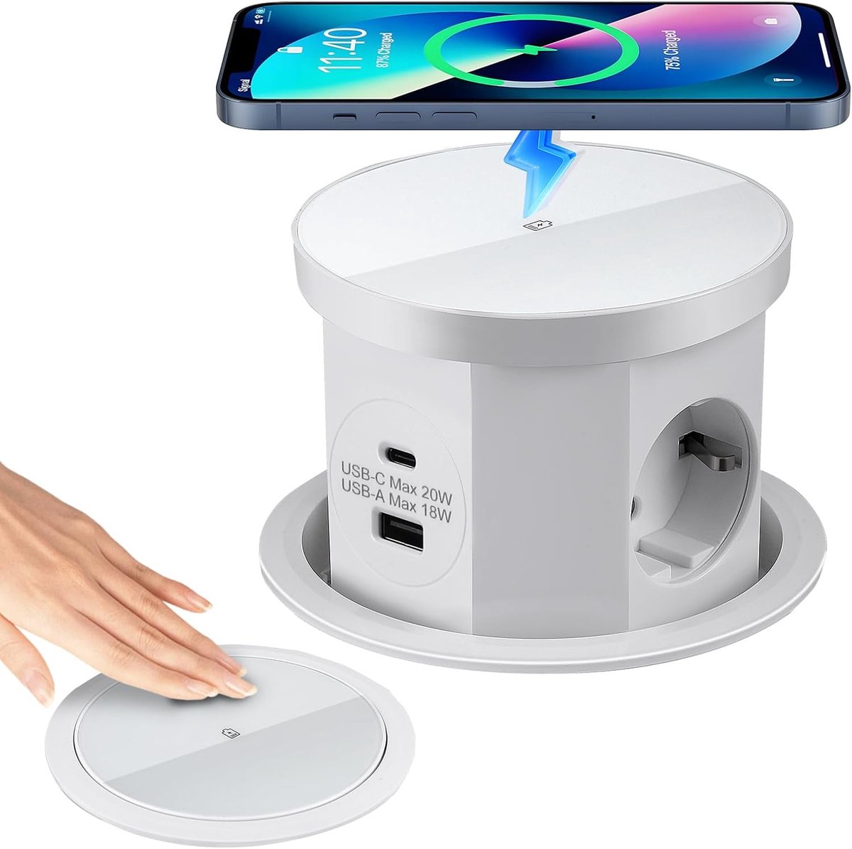 stopcontact, 3-voudig met 1 USB C 1 USB-A, werkblad, keuken, inschuifbaar tafelstopcontact met draadloze oplader, 1,5 m kabel voor kantoor, keuken, tafelstekkerdoos, inbouwstopcontact