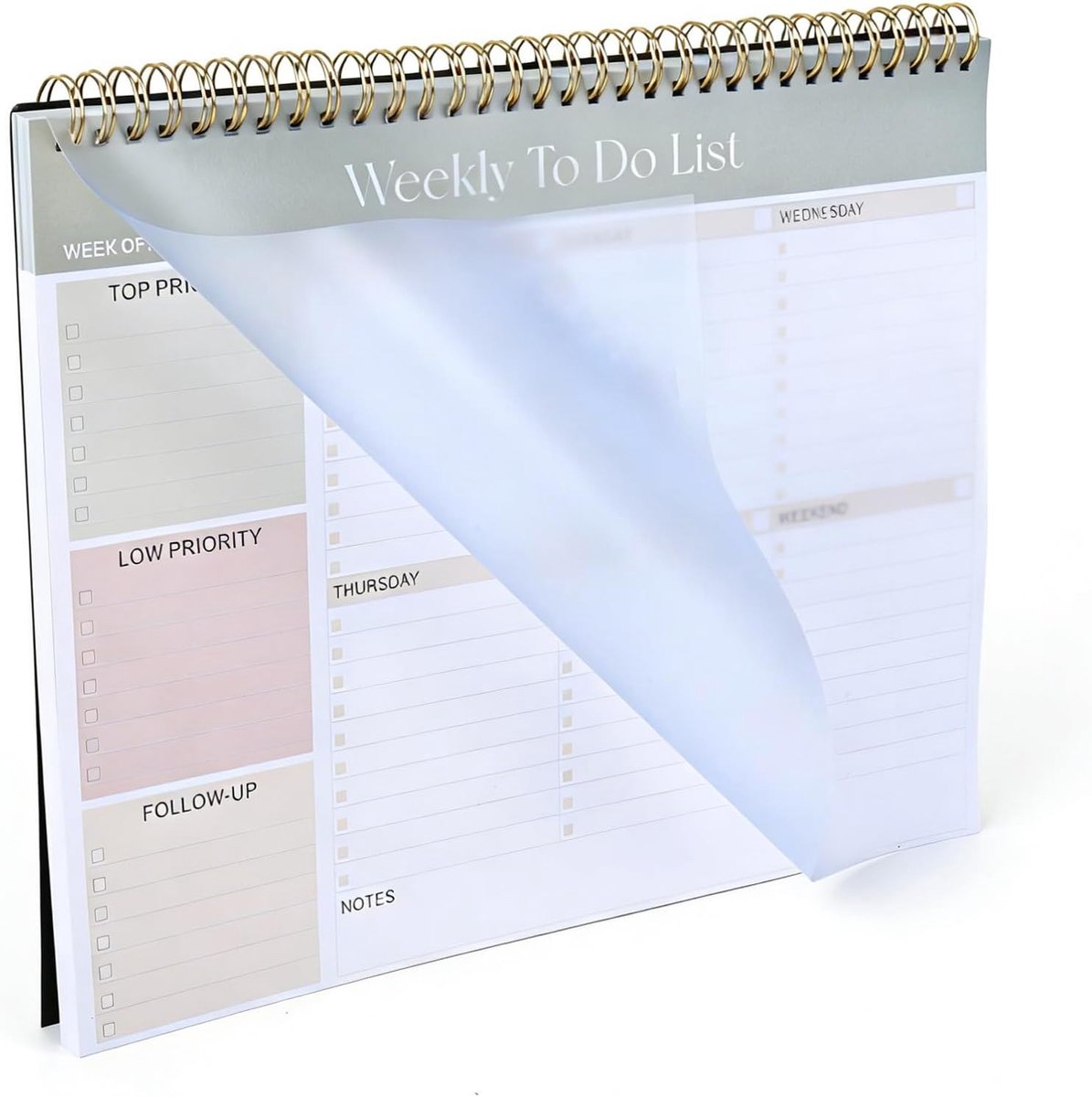 Blok, To Do Lijsten Blok, 60 Vellen Weekly Planner | Spiraalgebonden To Do Planner voor Studie Werk Habit Tracker Leeraccessoires (28 x 21,5 cm)