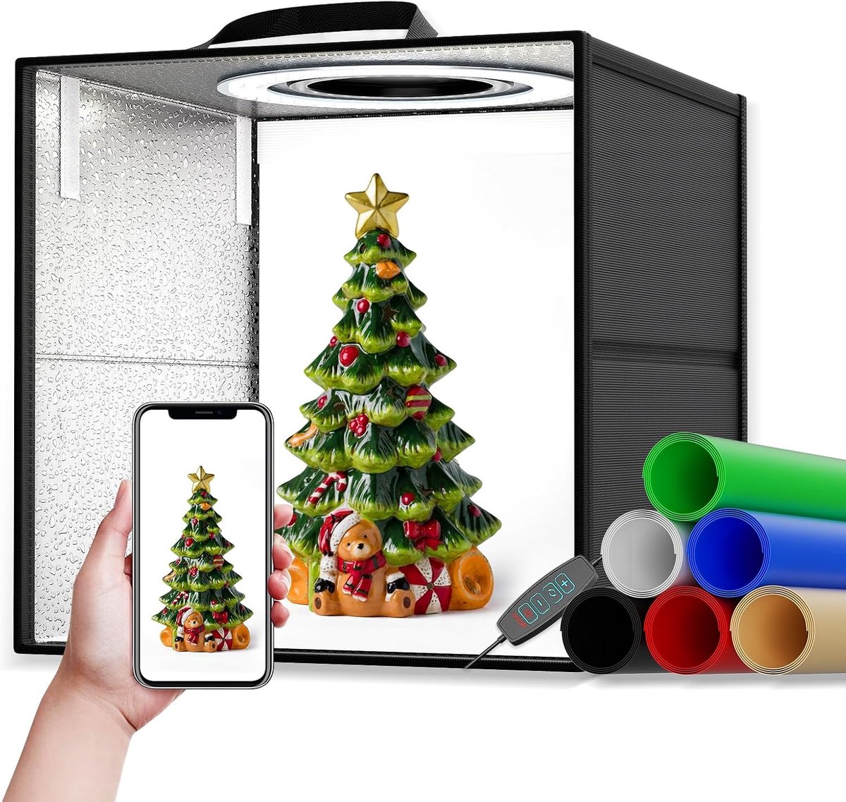 Fotostudio-set, 40 x 40 x 40 cm, draagbare fotostudio, lichttent met 120 leds, verstelbaar licht, professionele lichtbox, fotobox met 3 kleuren en 6 pvc-achtergronden