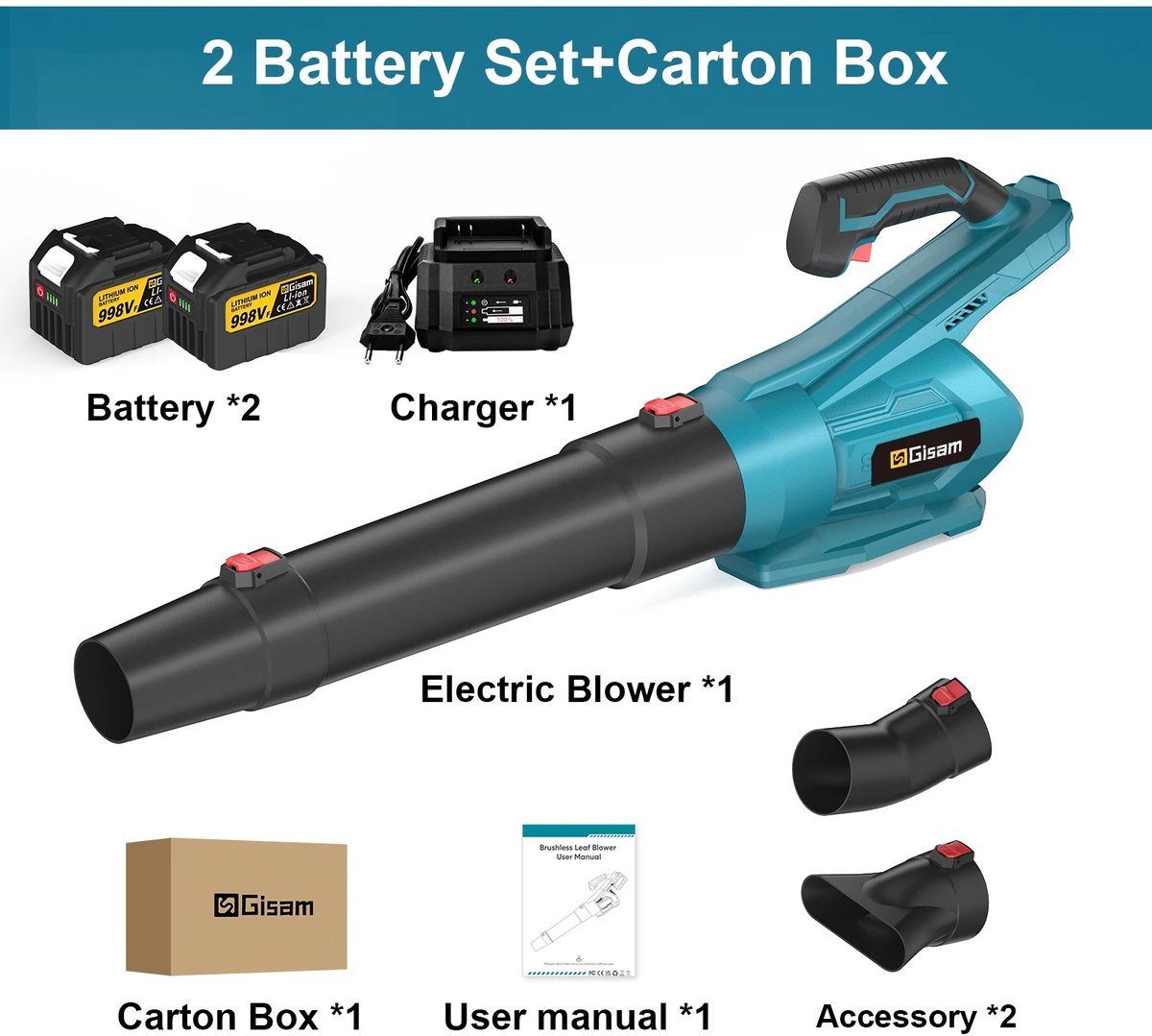 Gisam Turbo Bladblazer - Draadloze Borstelloze Luchtblazer - Inclusief 2 Accu's en Oplader - Compatibel met Makita 18V - 20.000 TPM - Voor Tuin, Garage, Auto, Terras en Sneeuw