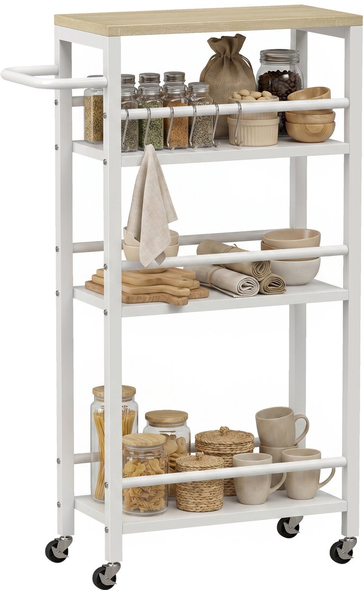 HOMCOM Keukentrolley met 4 etages, verrijdbare serveerwagen met handdoekrek en 6 haken, 50 x 20 x 81 cm, eikenhout