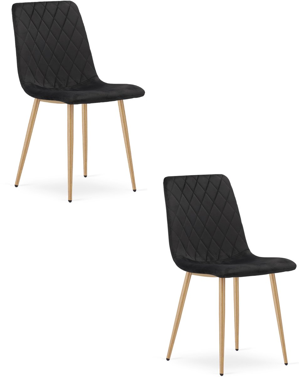 LEOBERT Set van 2 eetkamerstoelen TURIN - Zwart fluweel - Eikenlook poten - Modern design