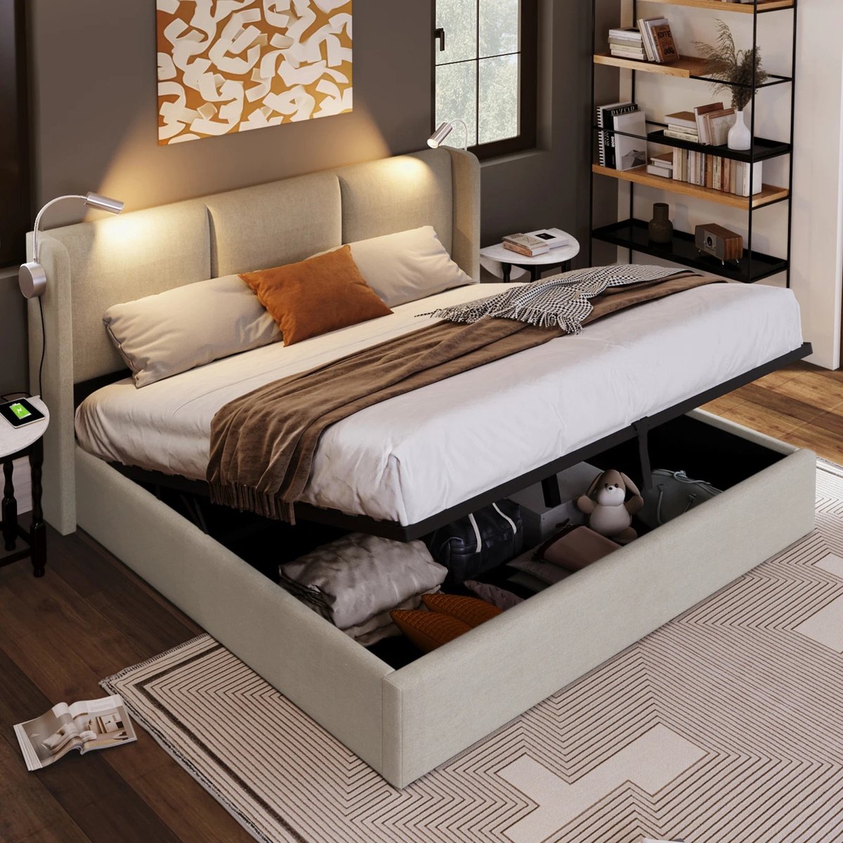 Dailygoods Rosahqnda Gestoffeerd bed 160x200 tweepersoonsbed met leeslamp met USB-oplaadfu