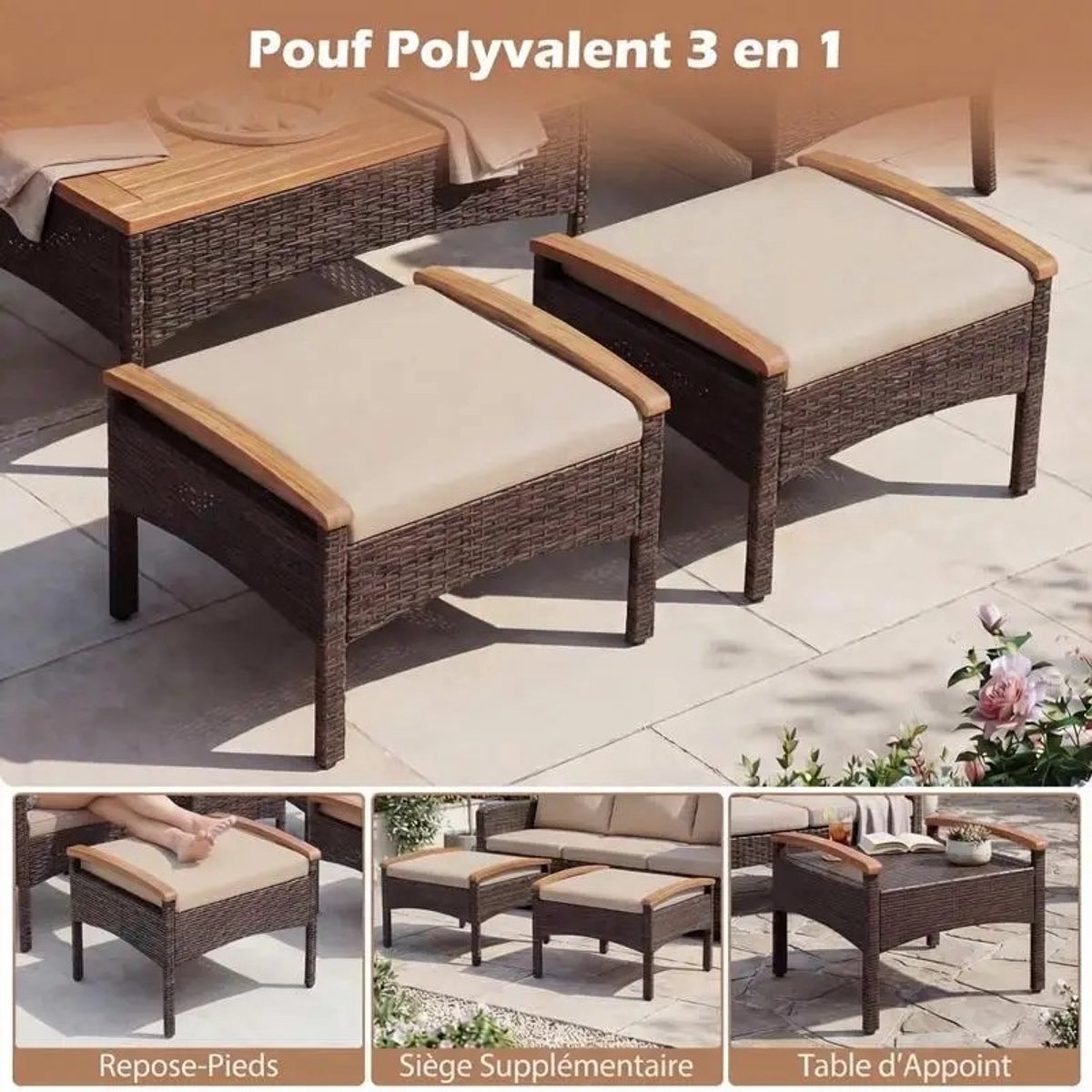 Dailygoods 5-delige rotan tuinmeubelset: 2 fauteuils, 2 ottomanen en bijzettafel met blad