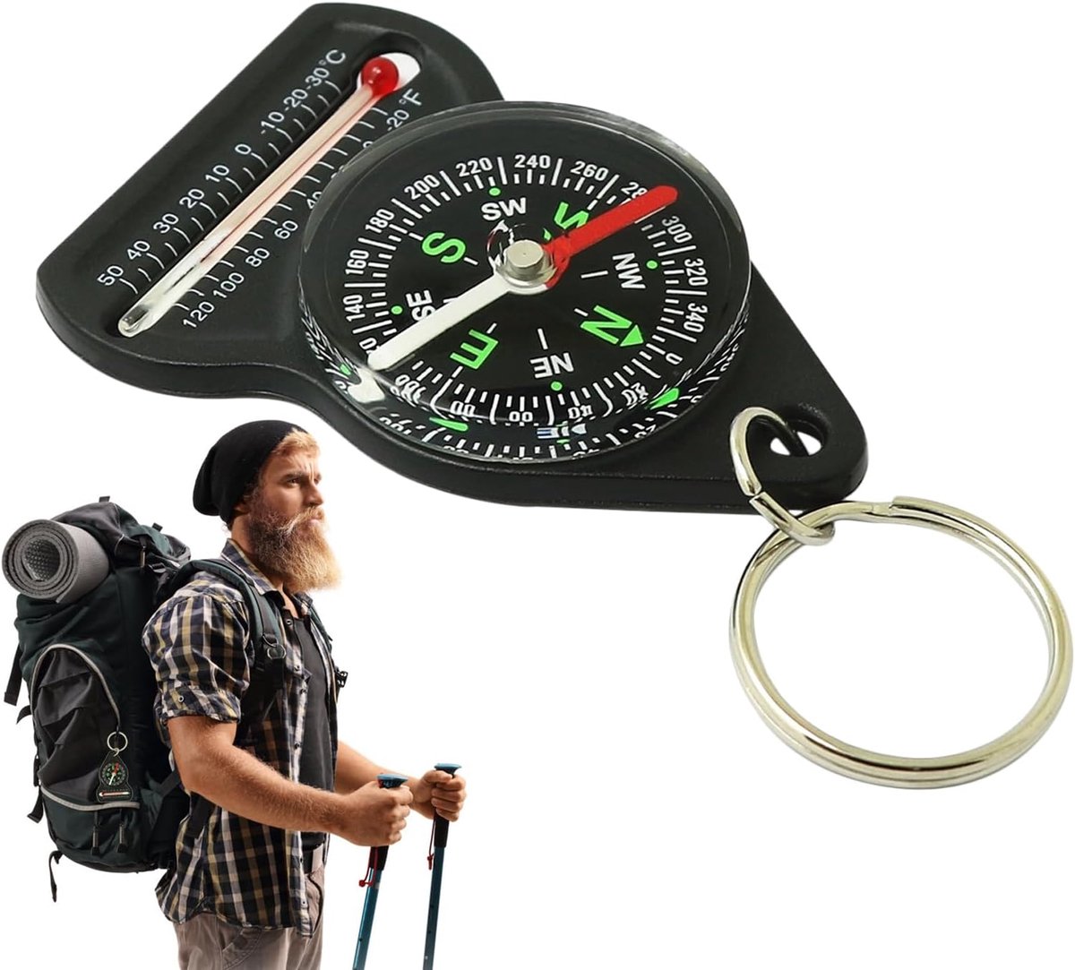 Kompas Sleutelhangers - Outdoor Kompas - Navigeren Buiten - Met Thermometer - 9 cm Lengte - Zwart