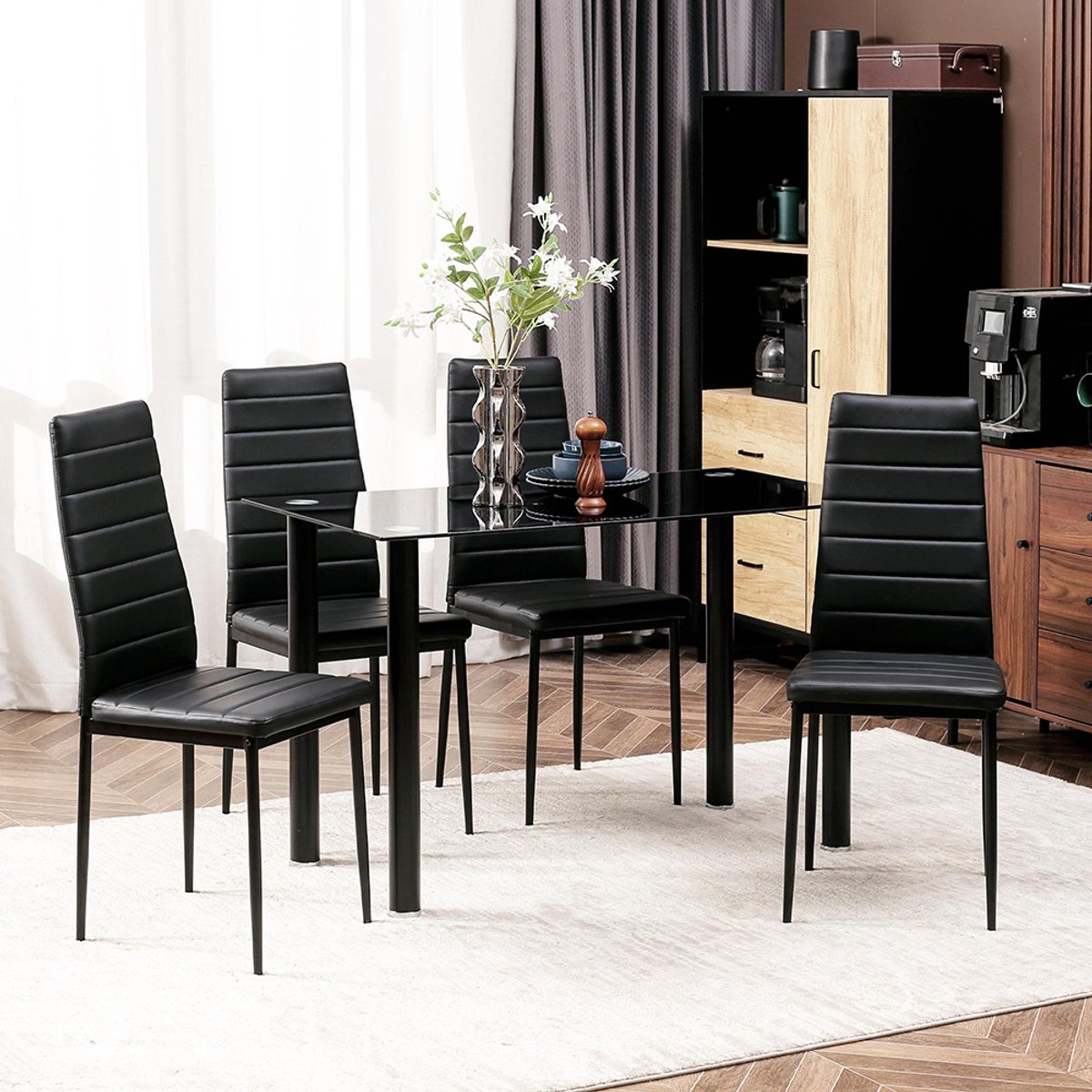 Pugsdrly 5-delige eetset - eettafel met 4 stoelen - modern design met glazen tafel - zwart