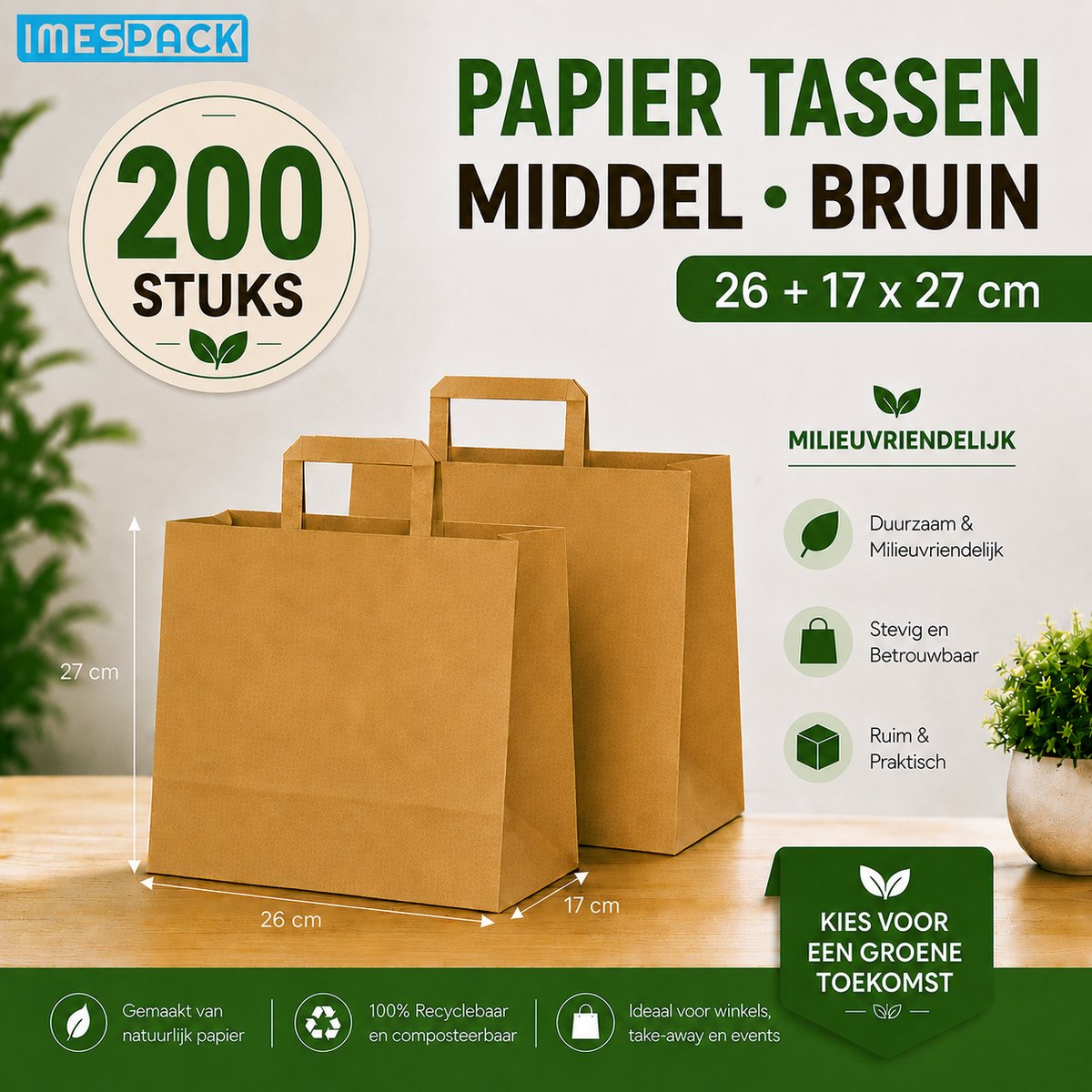 Papieren Draagtas Bruin - 26+17x27 cm - Middel - 200 Stuks - kraft - IMES PACK