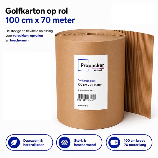 Een grote rol bruin golfkarton van 100 cm breed en 70 meter lang, met label Propacker Holland.