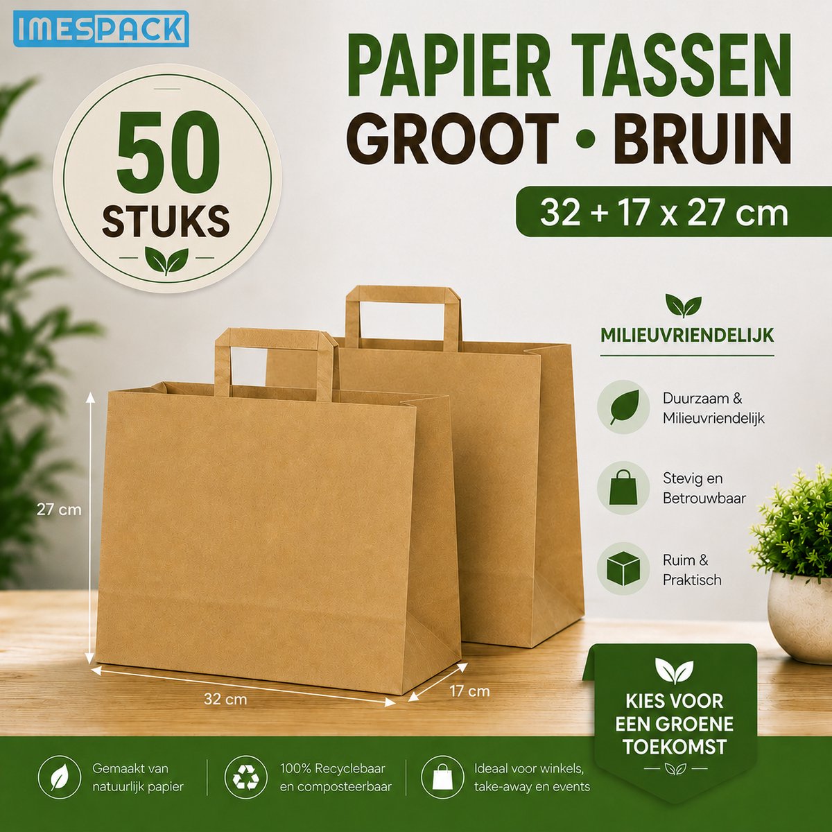 Papieren Draagtas Bruin - 32+17x27 cm - Groot - 50 Stuks - Kraft - IMES PACK