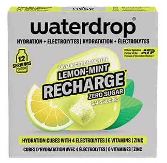 Waterdrop "Recharge" citroen-munt smaak, 12 porties, zero sugar, met 4 elektrolyten, 6 vitaminen en zink.