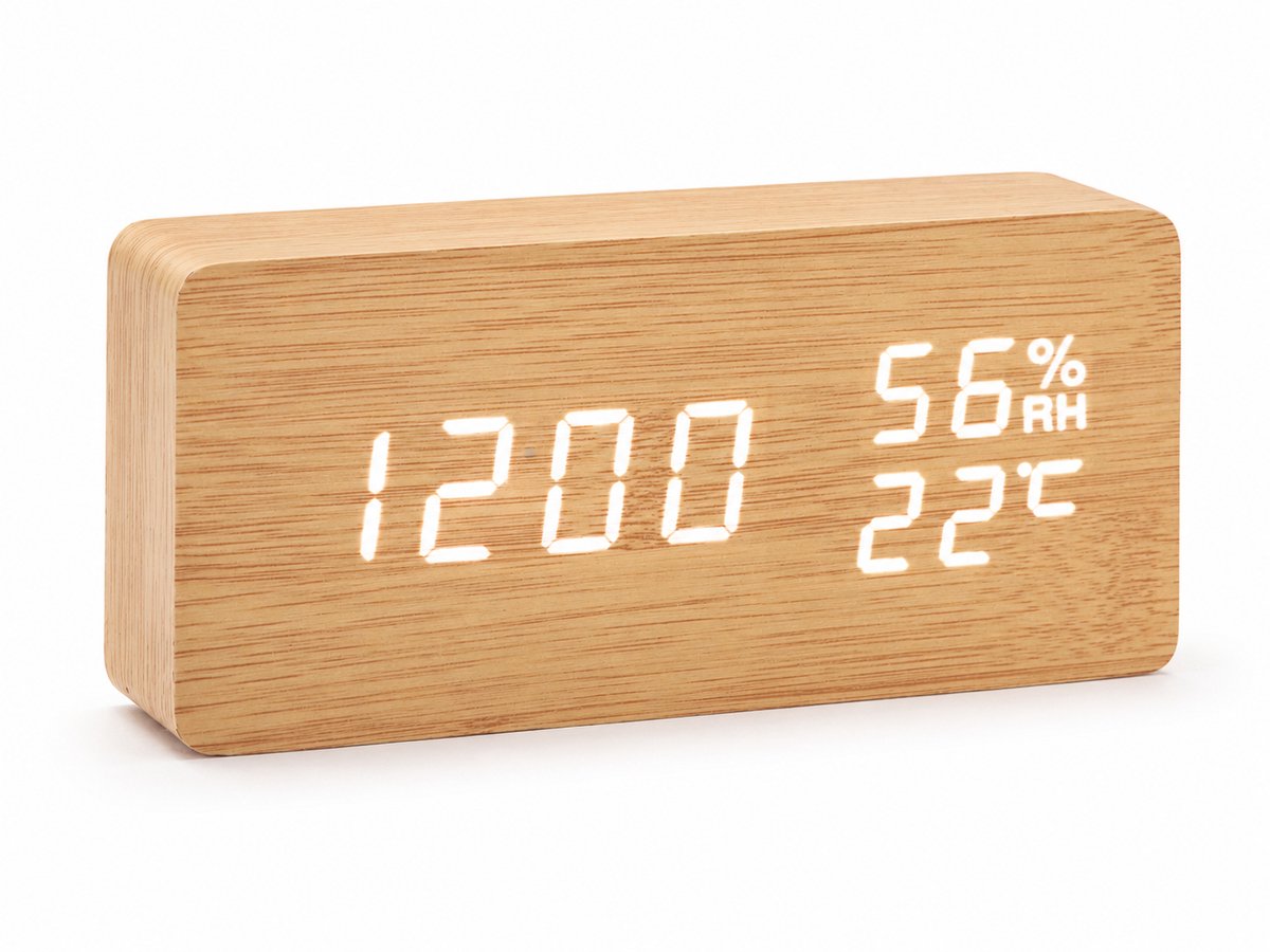 TIN-IN Digitale klok - Bureauklok - Wooden look - Licht hout + Witte cijfers met Temperatuur- en Luchtvochtigheidsmeter