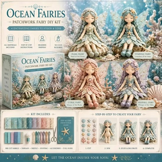Kraftverdia 3D Fairy Patchwork DIY Kit – Fabric Craft Set with 4 Adorable Flower Fairy Designs, Handmade Sewing Project | Creative Fairy Themed DIY Set for Adults, Beginners, Craft Lovers & Friends – Oceaanfee – Zonder Geschenkverpakking