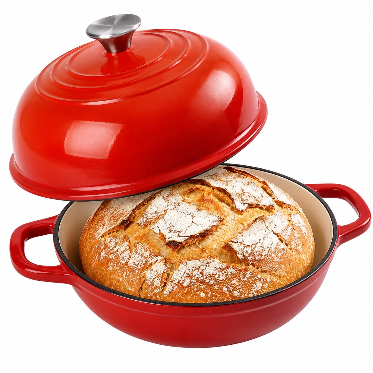 Bangosa Broodpan Gietijzer 5,7L – Dutch Oven voor Zuurdesembrood – Geëmailleerde Braadpan met Deksel voor Oven, Gas en Inductie