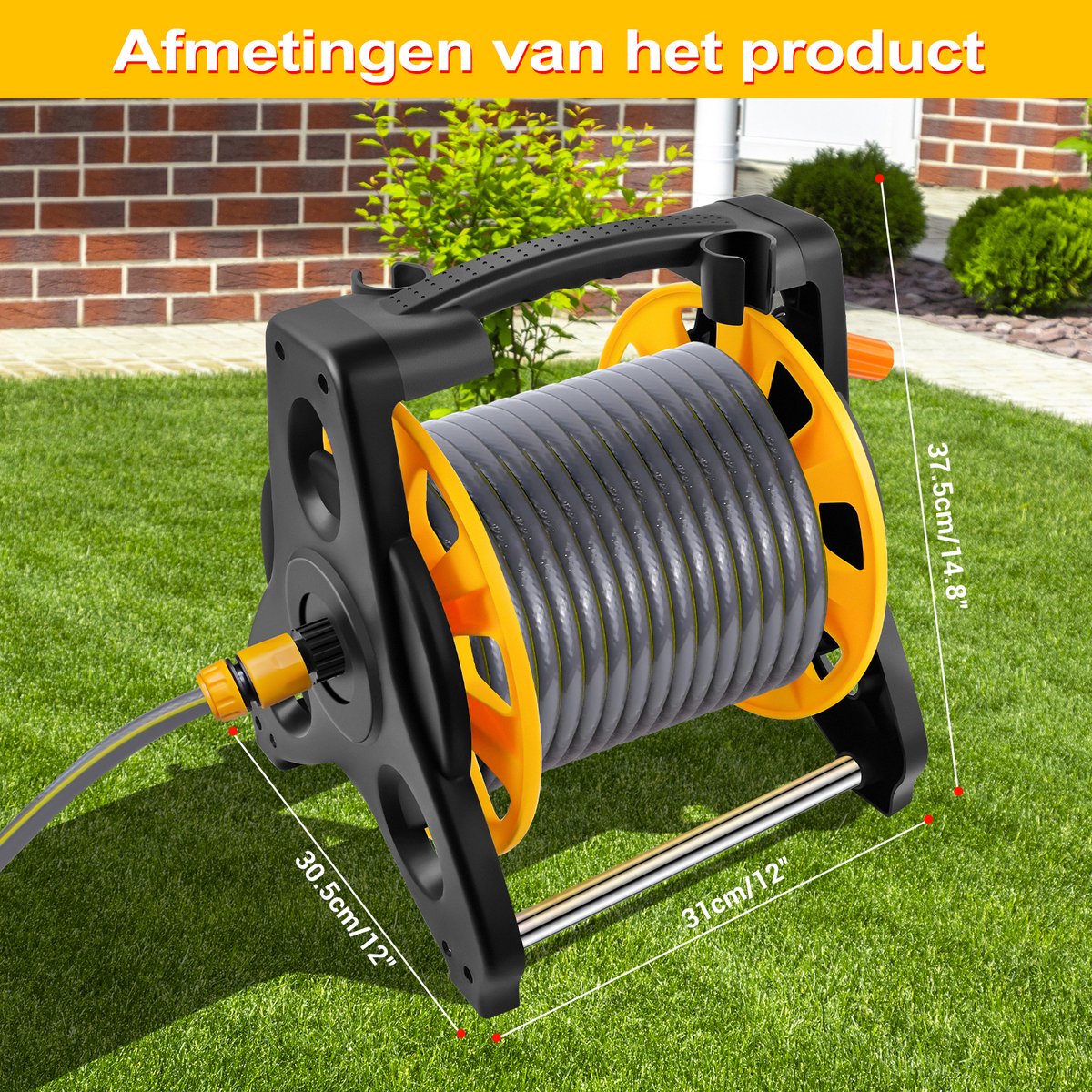 15M Tuinslang met slanghaspel draagbaar - Multifunctionele tuinspuit met verschillende straalstanden - Ruimtebesparende waterslangrol voor tuin besproeien, auto en terras reinigen – foto 2