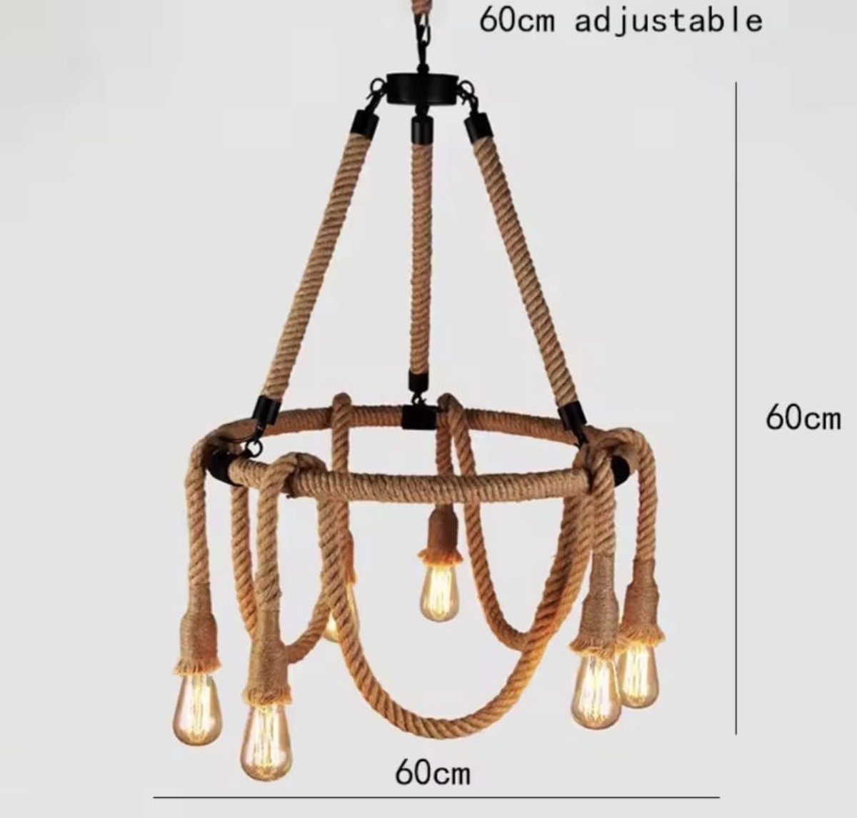 Handgemaakte Industriële Touw Hanglamp - 6-Lichts Kroonluchter - Natuurlijk Manilla Touw & Zwart Metaal - Ø 60 cm - Verstelbare Hoogte - Exclusief Lampen
