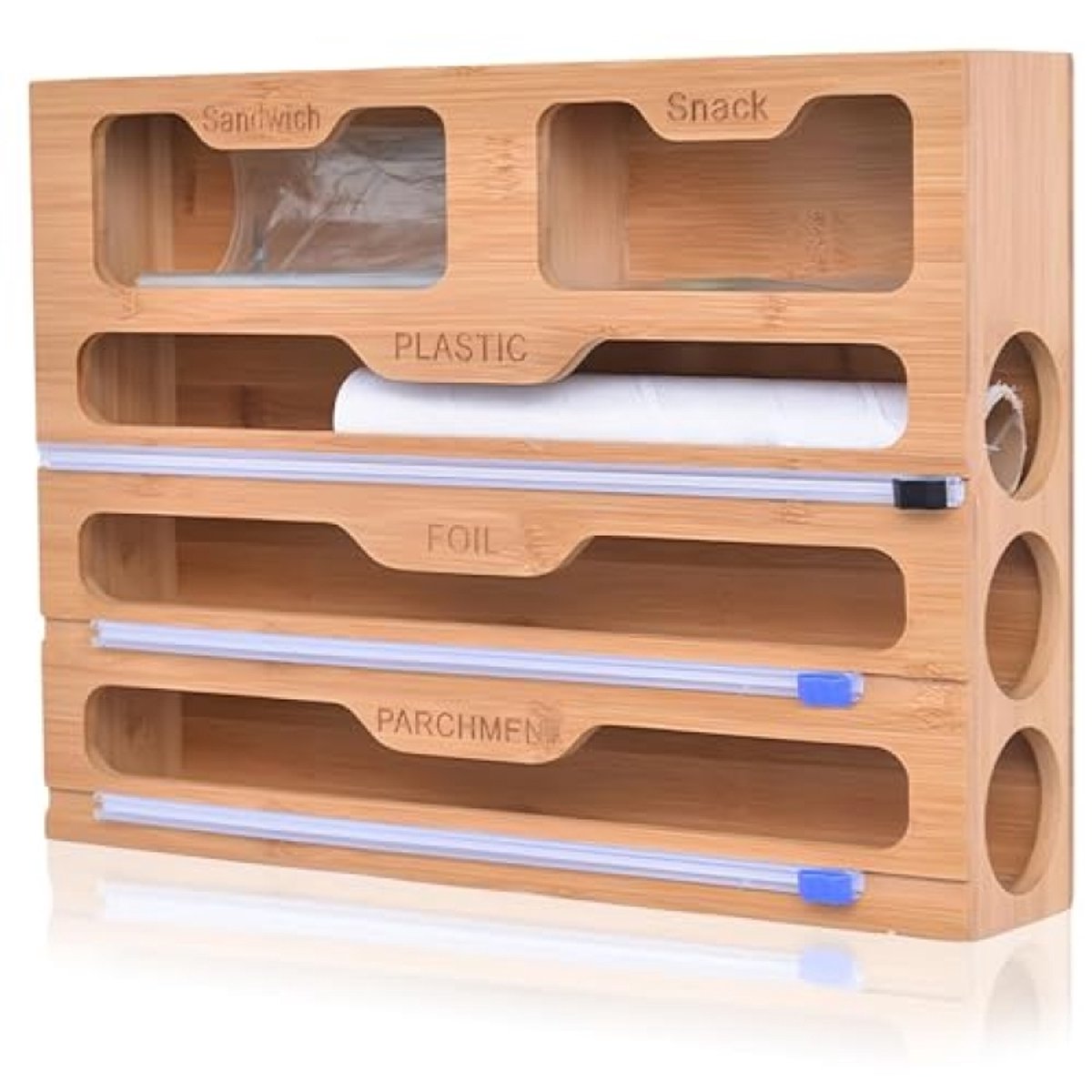 5in1 Foliesnijder - Foliedispenser met Cutter - Aluminiumfolie & vershoudfolie dispenser voor in de lade - Bamboe - 40x29.5x8 cm - PromoHome