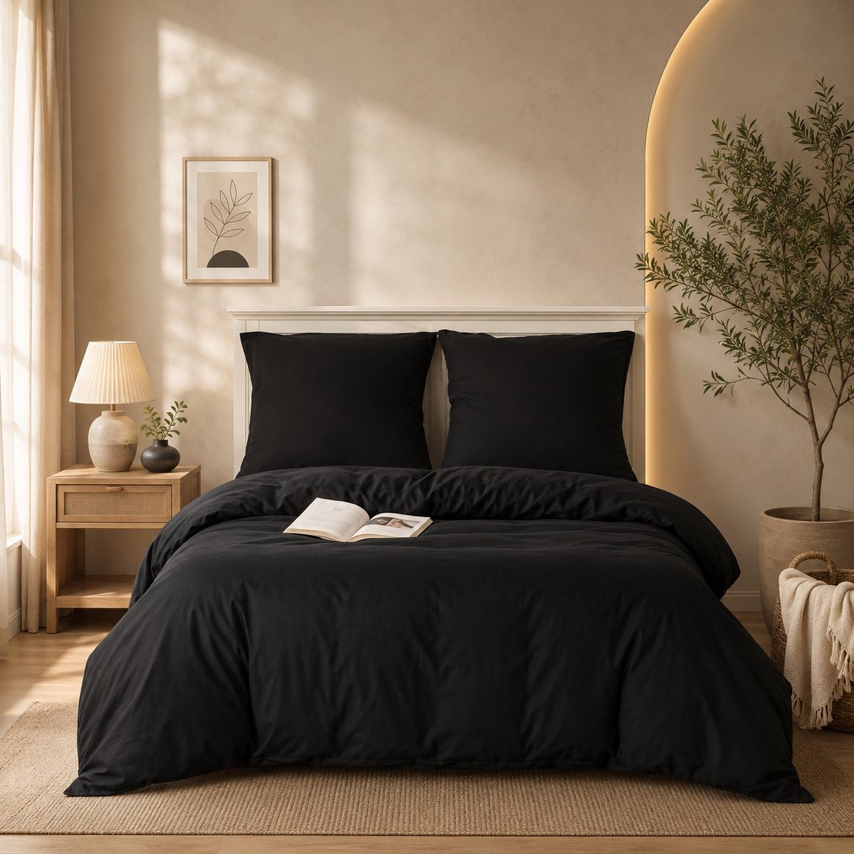 Nazik Living Beddengoedset 3-delig 200x200cm - Geborsteld microvezel - Zwart - Superzacht dekbedovertrek met ritssluiting en 2 kussenslopen